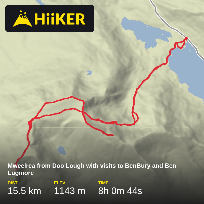 A map preview of the recording Mweelrea from Doo Lough with visits to BenBury and Ben Lugmore.