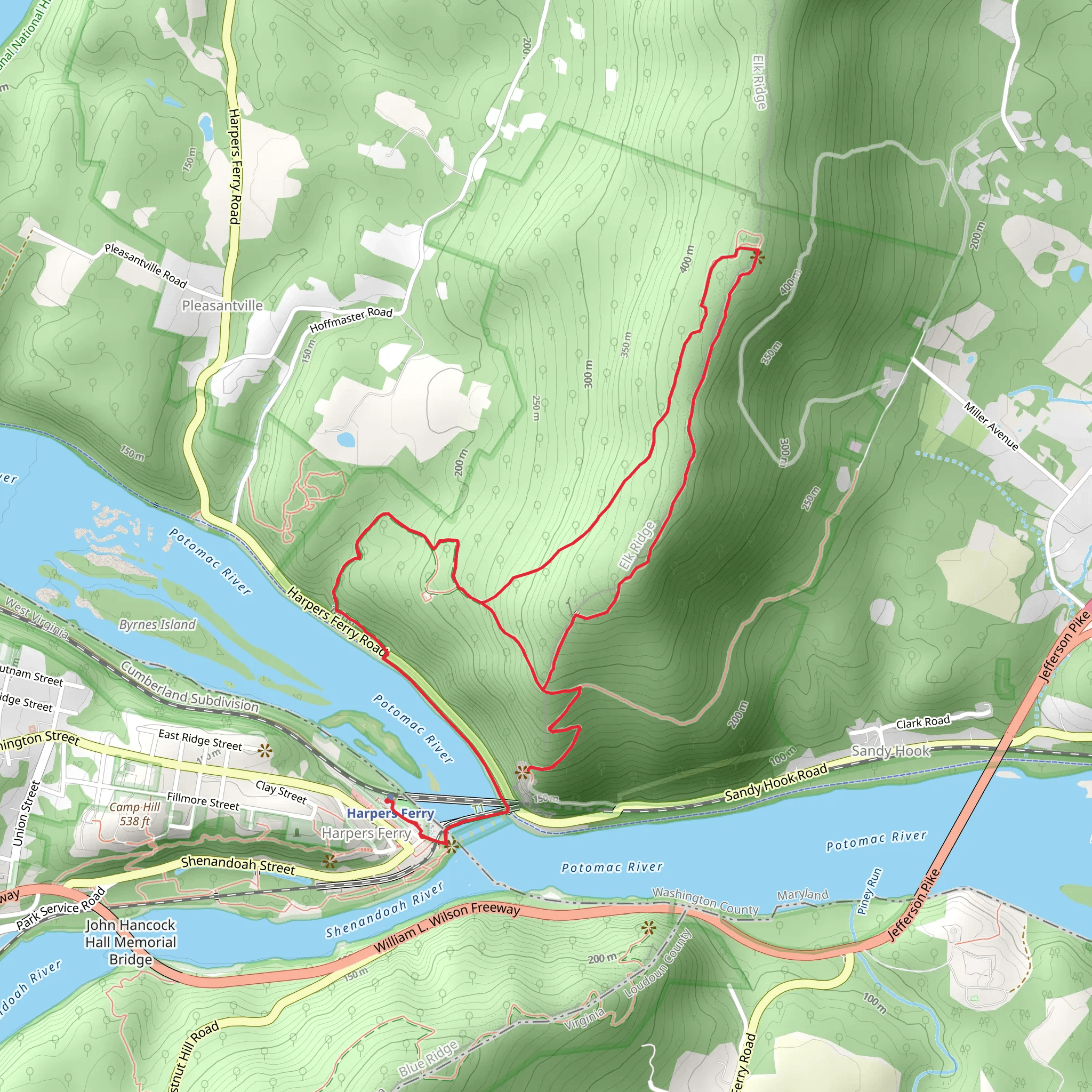 Maryland Heights and Stone Fort Loop Trail from Harpers Ferry mobile static map