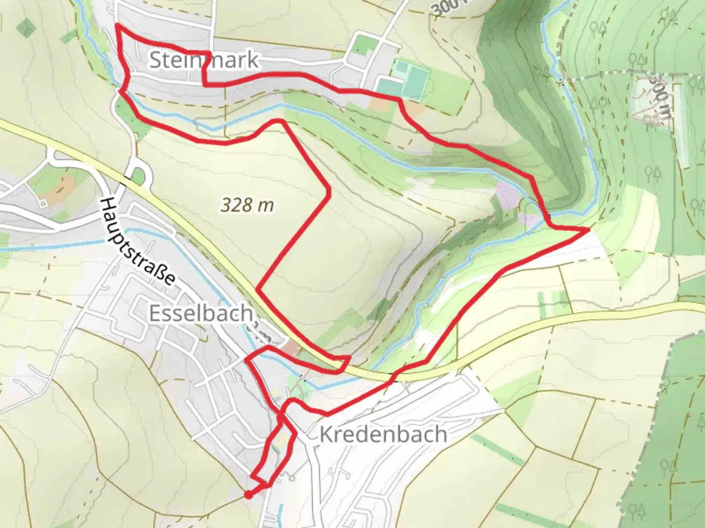 An image depicting the trail Krendbach to Steinmark Loop via Die Weed and its surrounding area.