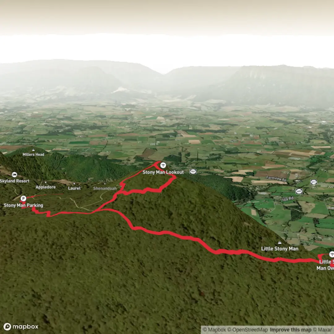 An image depicting the trail Stony Man Mountain and Little Stony Man Overlook Loop and its surrounding area.