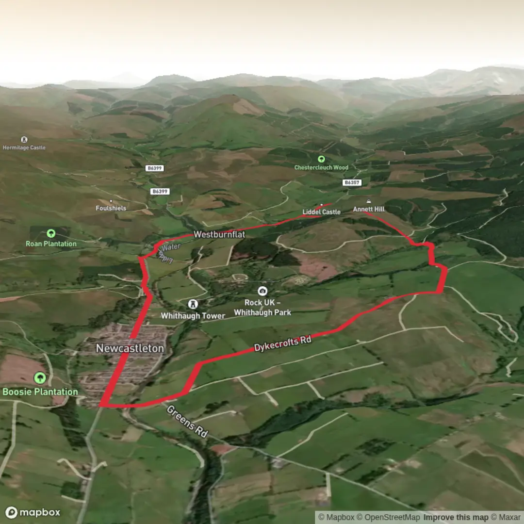 An image depicting the trail Dykecrofts, Liddel Castle and Newcastleton Forest Loop and its surrounding area.