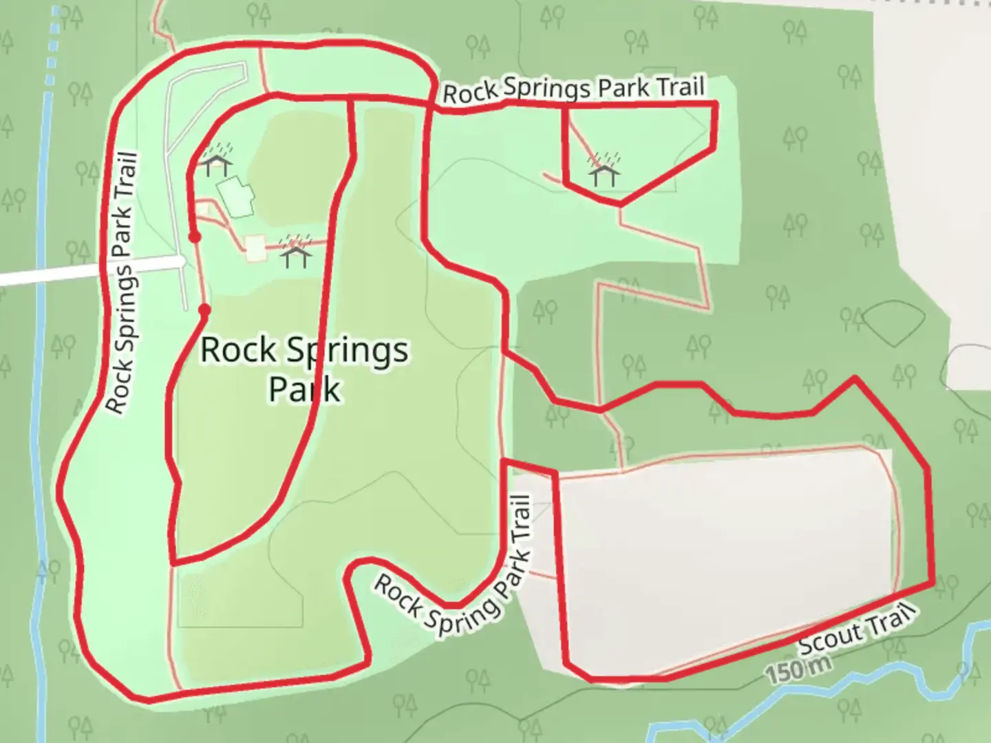 An image depicting the trail Rock Springs Park Loop Trail and its surrounding area.