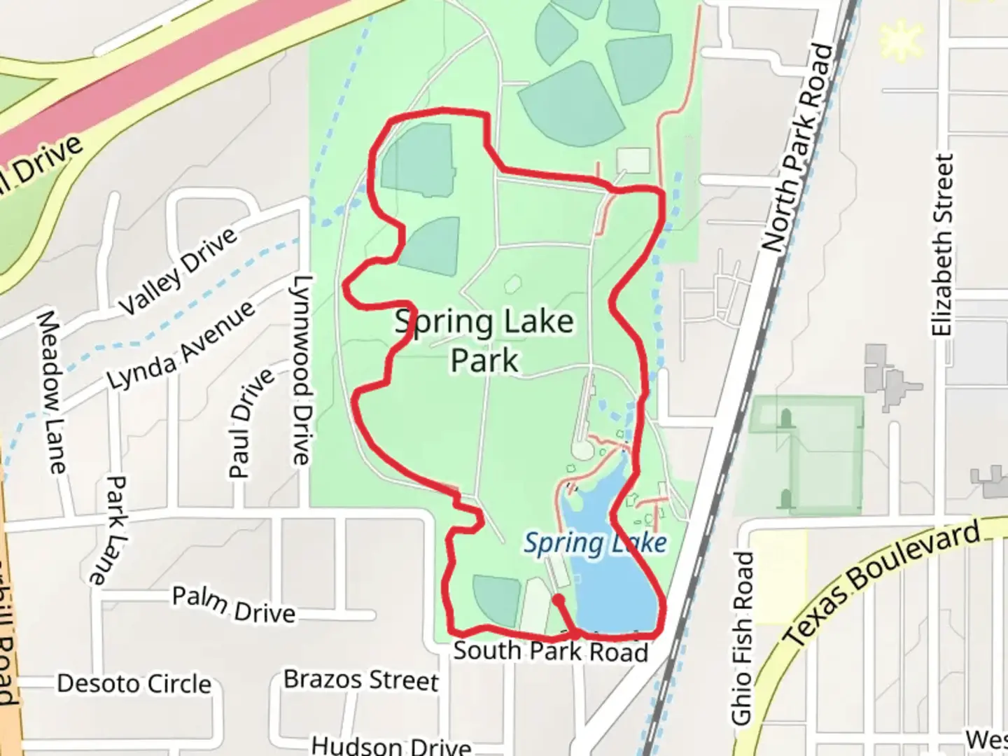 An image depicting the trail Spring Lake Park Loop and its surrounding area.