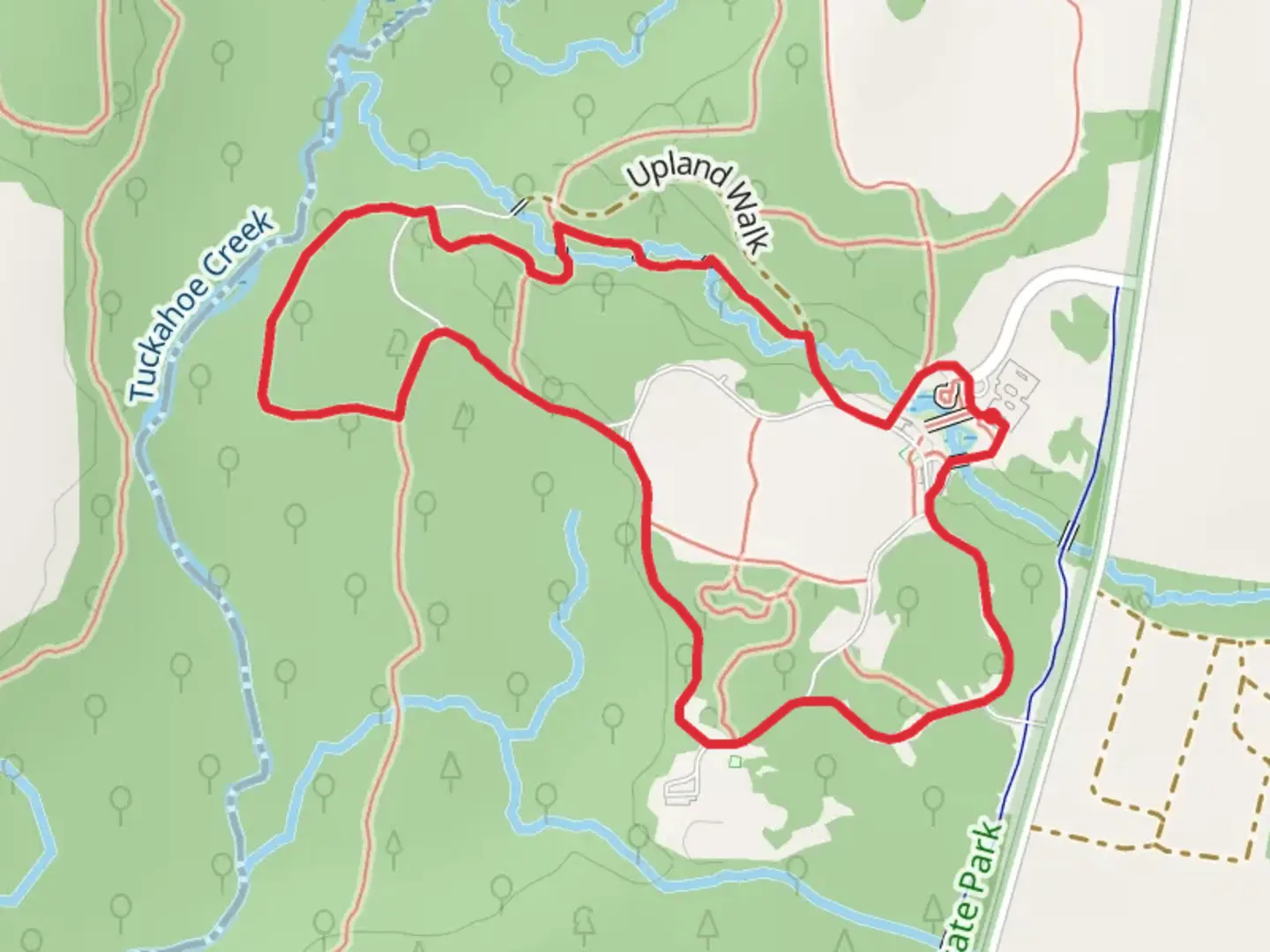 An image depicting the trail Service Road, Tuckahoe Creekside Walk and Blockston Branch Walk Loop and its surrounding area.