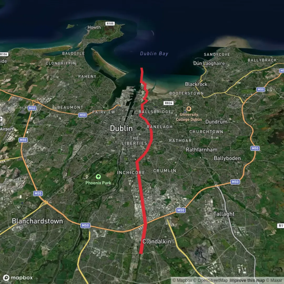 An image depicting the trail 10th lock Clondalkin, Grand Canal greenway to Poolbeg Lighthouse and its surrounding area.
