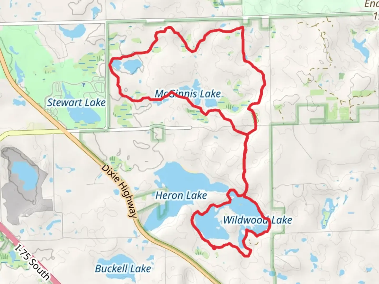 An image depicting the trail Valley, Wildwood, Heron and McGinnis Lakes Loop and its surrounding area.