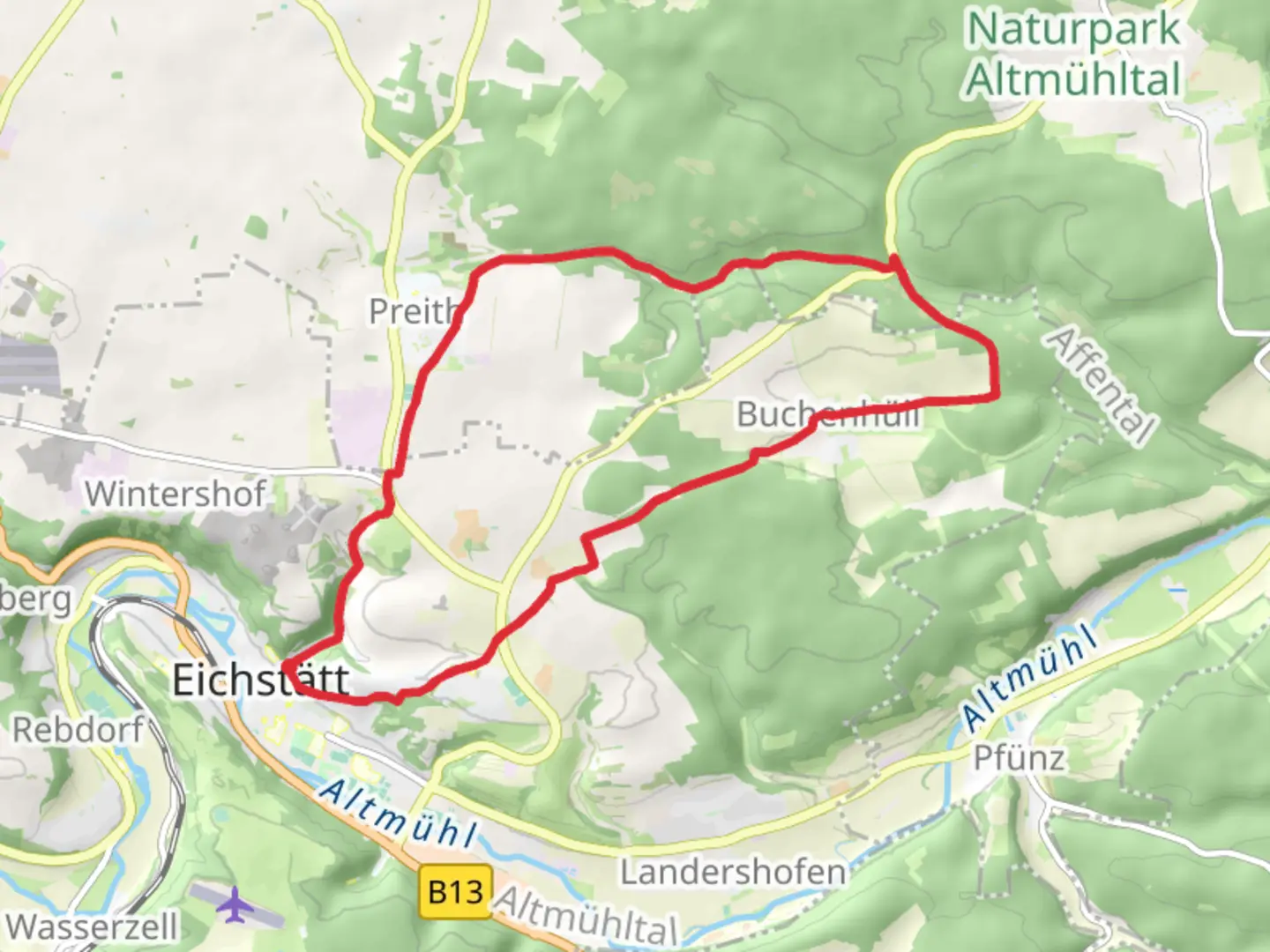 An image depicting the trail Eichstatt and Buchenhull Loop and its surrounding area.