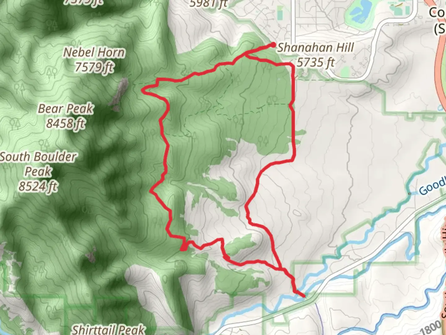 An image depicting the trail Shanahan - North Fork, Towee and Shanahan - South Fork Loop Trail and its surrounding area.