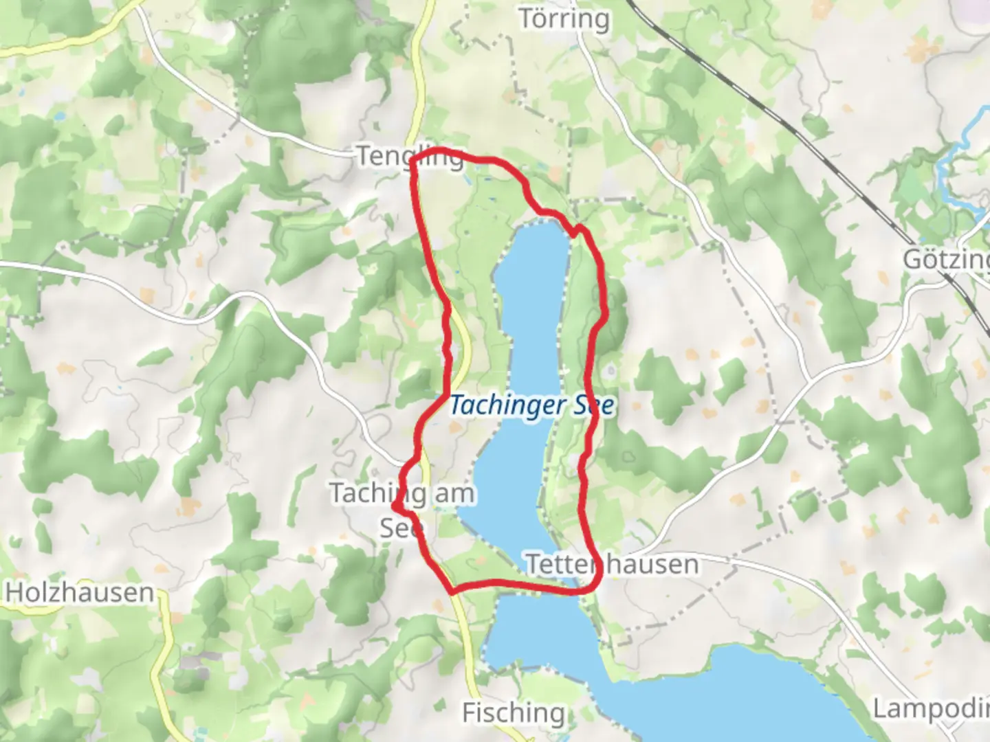 An image depicting the trail Tachinger See Loop via See Rundweg and 15 and its surrounding area.