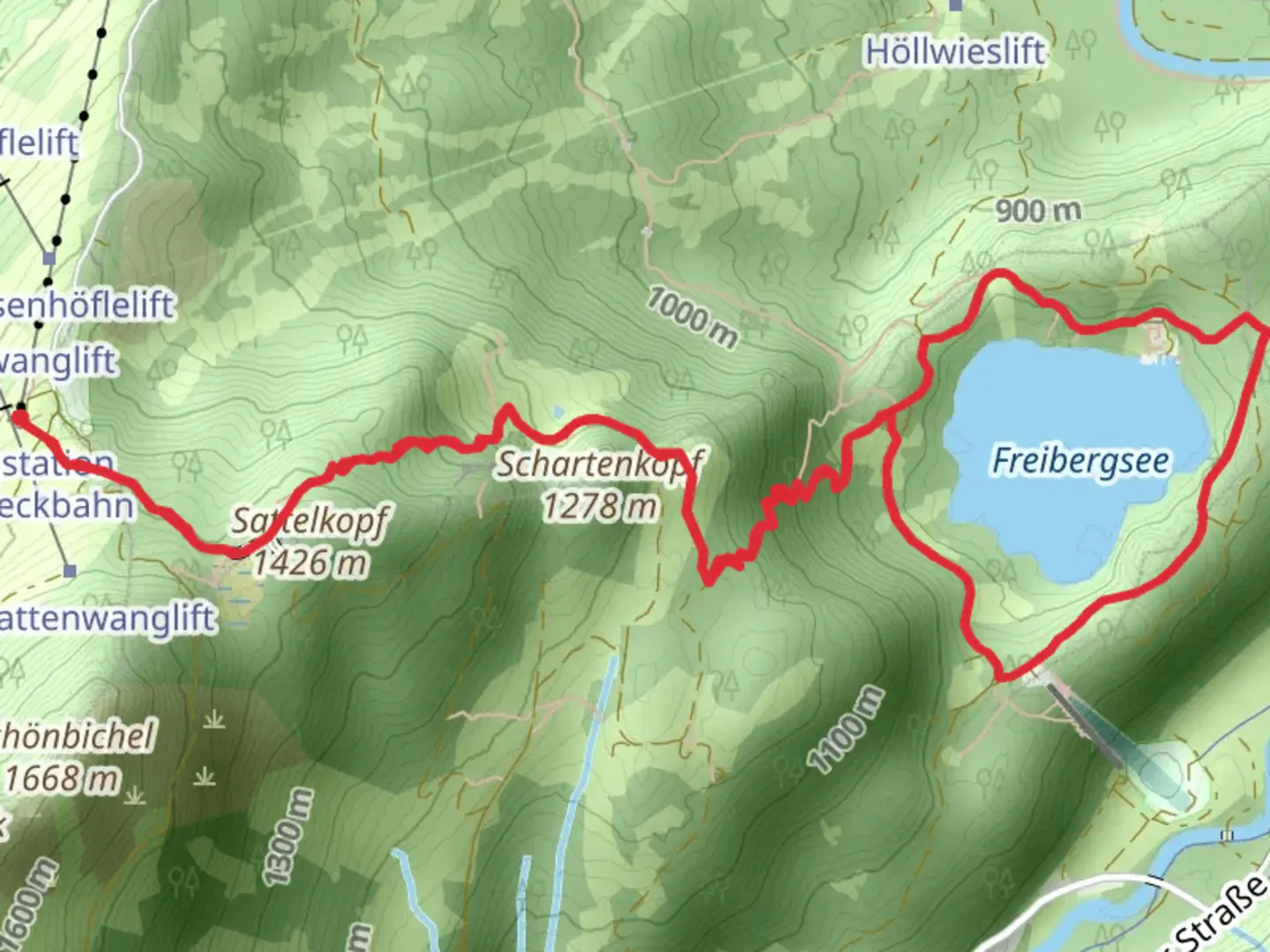 An image depicting the trail Freibergsee via Oberallgaeuer Rundwanderweg and its surrounding area.