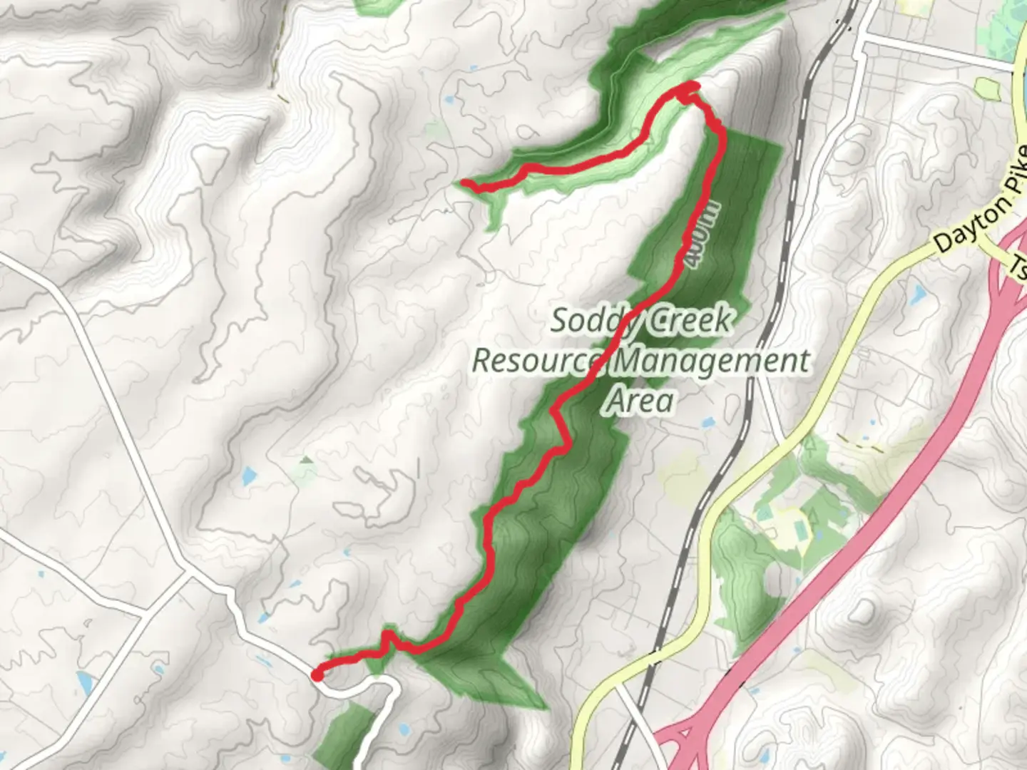 An image depicting the trail Soddy Creek Gorge Trail - South and its surrounding area.