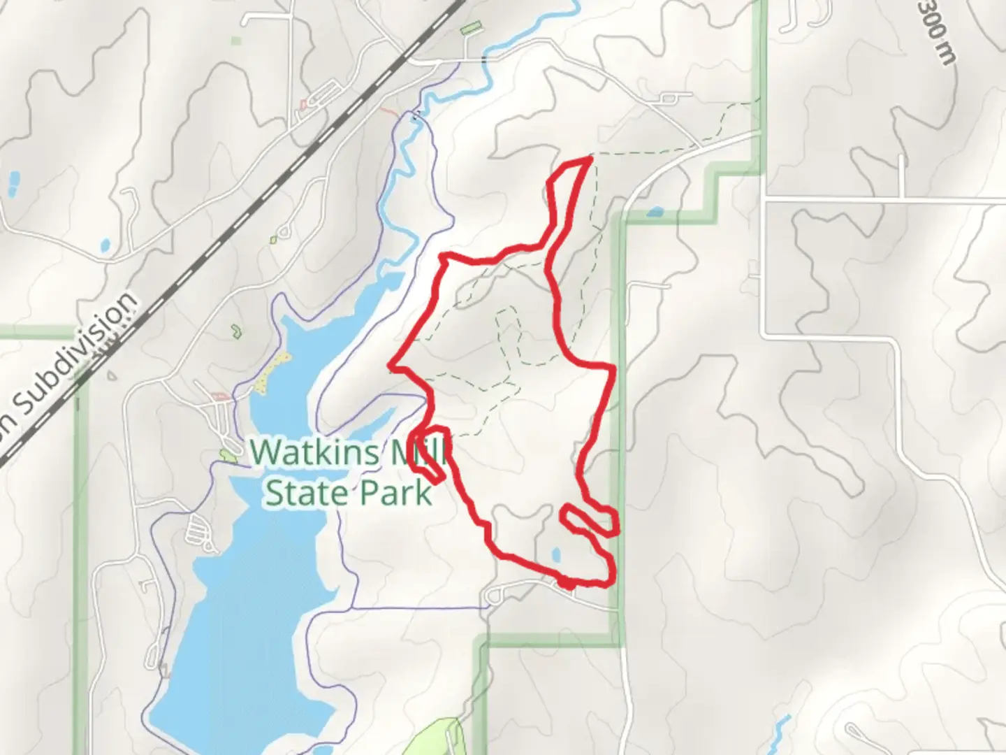 An image depicting the trail Equestrian Trail System Loop - Watkins Mill Lake and its surrounding area.