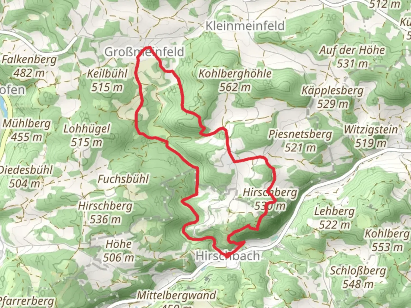 An image depicting the trail Hirschberg via Rundwanderweg Hirschbach and Heinrich-Scheuermann Weg and its surrounding area.