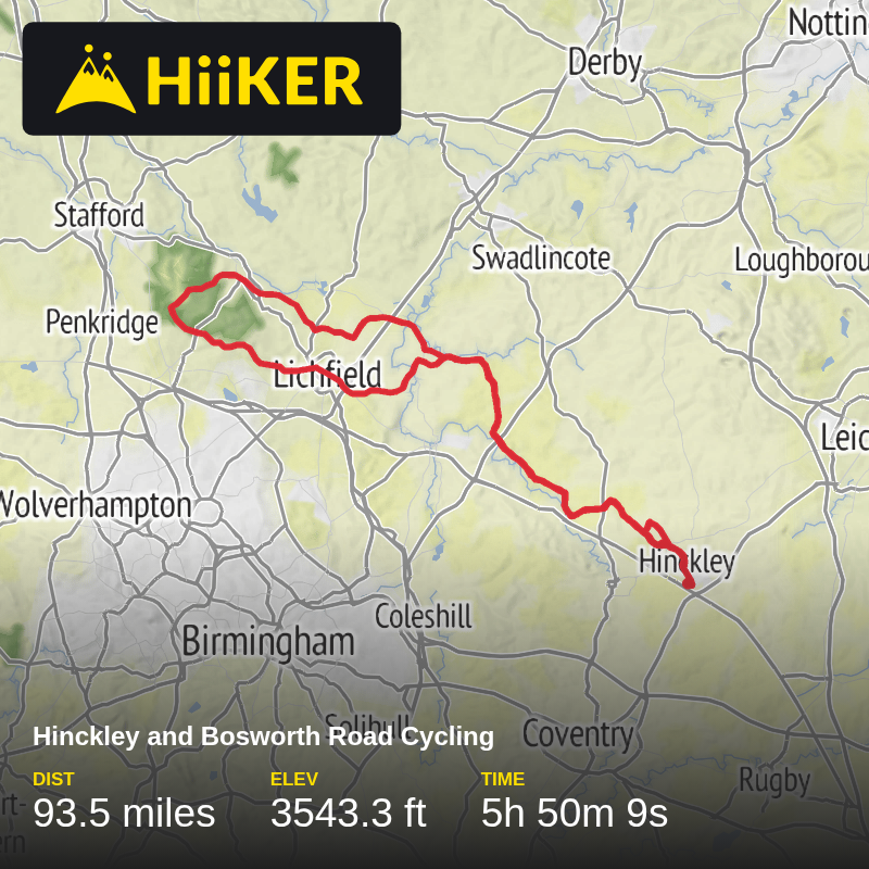 A map preview of the recording Hinckley and Bosworth Road Cycling.
