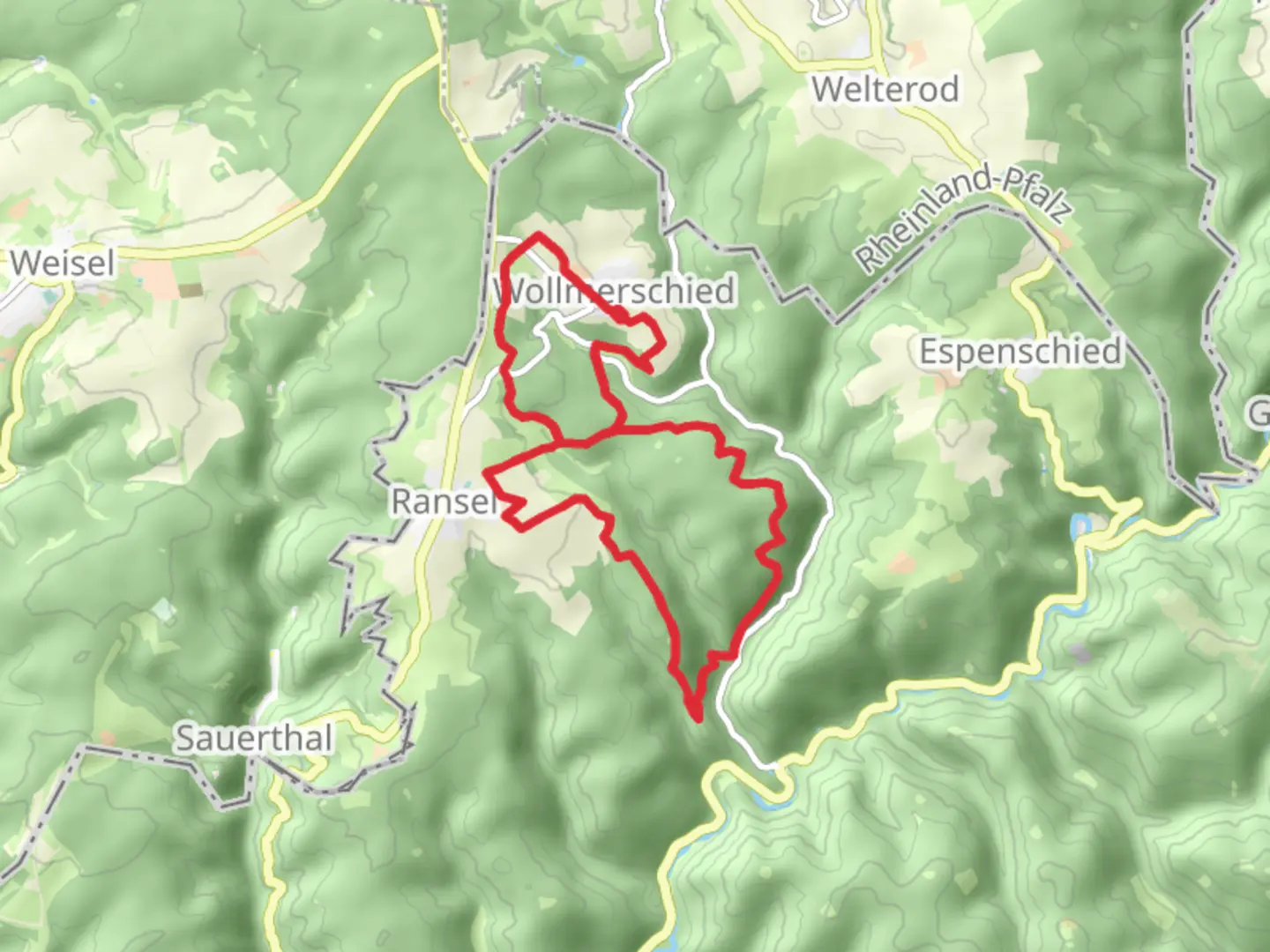 An image depicting the trail Taunusshoehenweg and Ranseler Hoehenrausch Loop and its surrounding area.