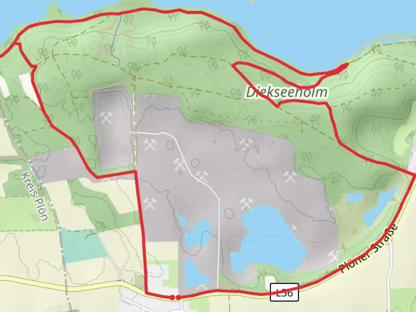 An image depicting the trail Diekseeholm via Kleine Holm Route and Holmer Weg and its surrounding area.