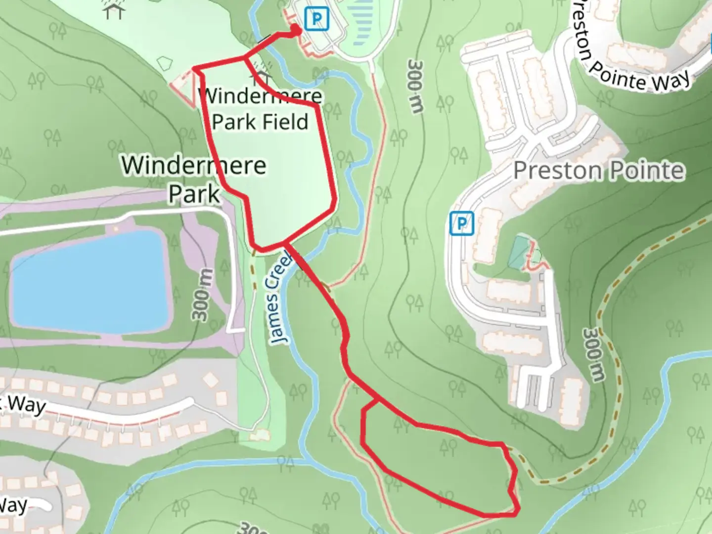 An image depicting the trail Windermere Parkway and James Creek Loop and its surrounding area.