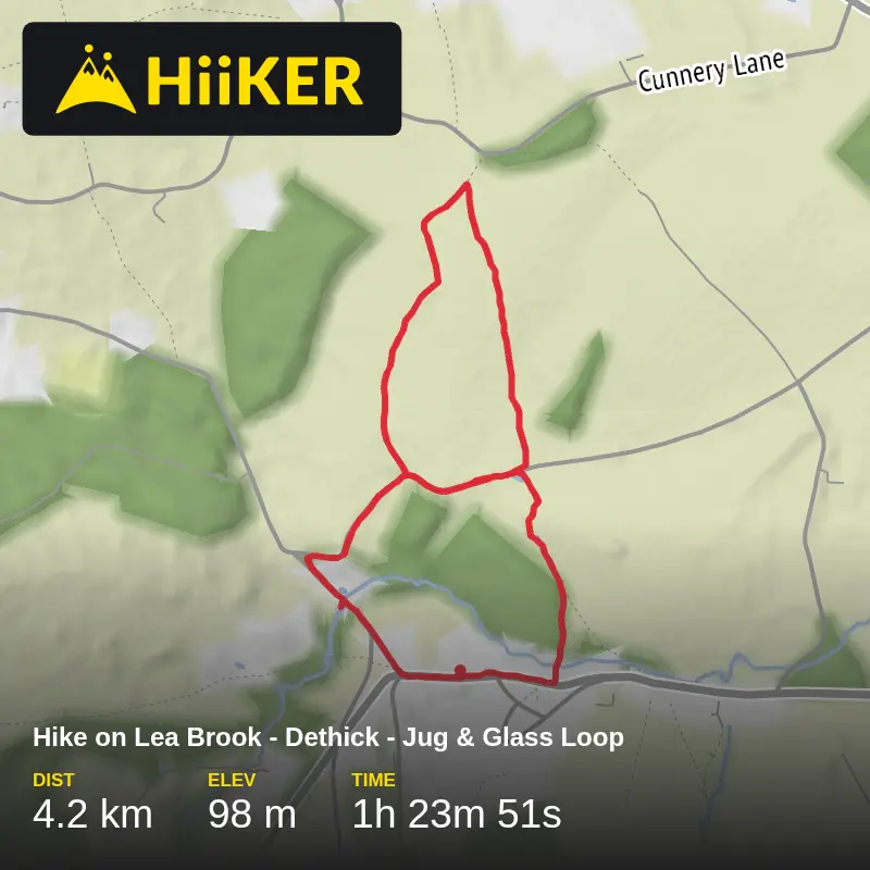 A map preview of the recording Hike on Lea Brook - Dethick - Jug & Glass Loop.