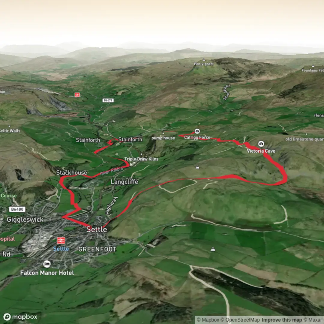 An image depicting the trail Hike from Stainforth, attermire scar, stainforth force and stepping stones and its surrounding area.