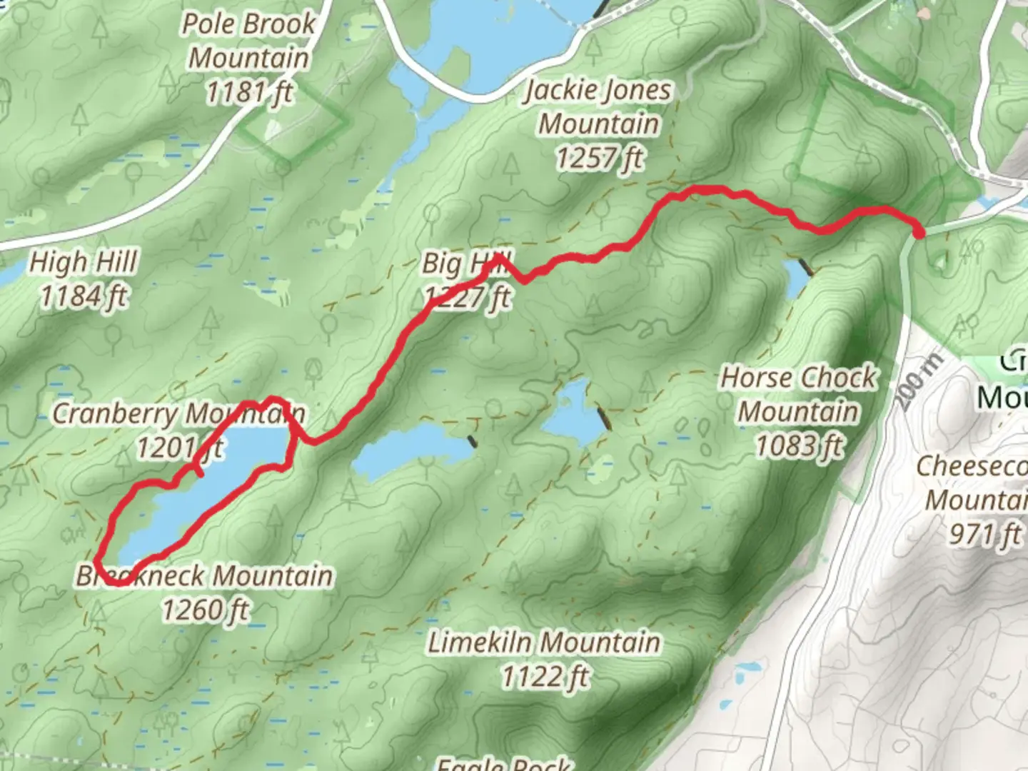 An image depicting the trail Breakneck Pond and Big Hill Loop from Call Hollow Road and its surrounding area.