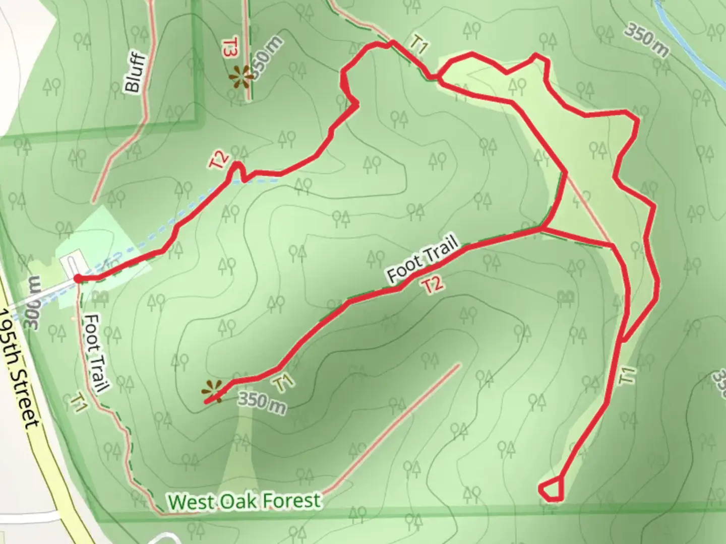 An image depicting the trail Foot Trail and West Oak Forest East Loop and its surrounding area.