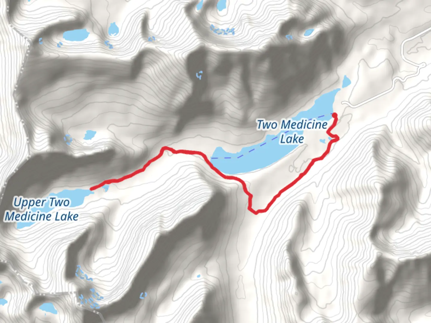 An image depicting the trail Two Medicine South Shore and its surrounding area.