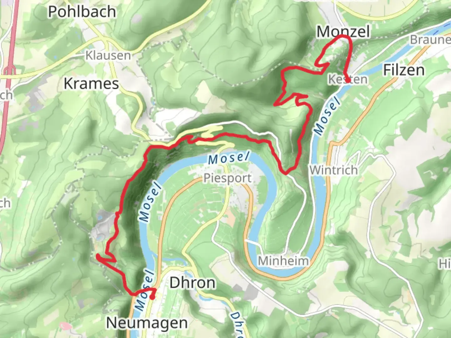 An image depicting the trail Neumagen Dhron to Kesten Walk and its surrounding area.