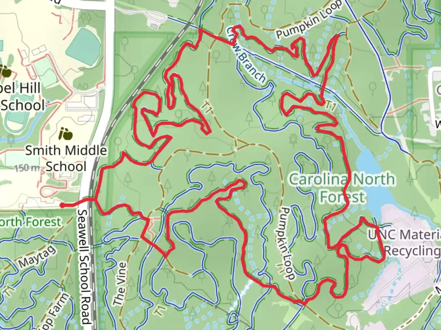 An image depicting the trail Neverlands Outer, Crow Branch Overlook and Wormhole Loop and its surrounding area.