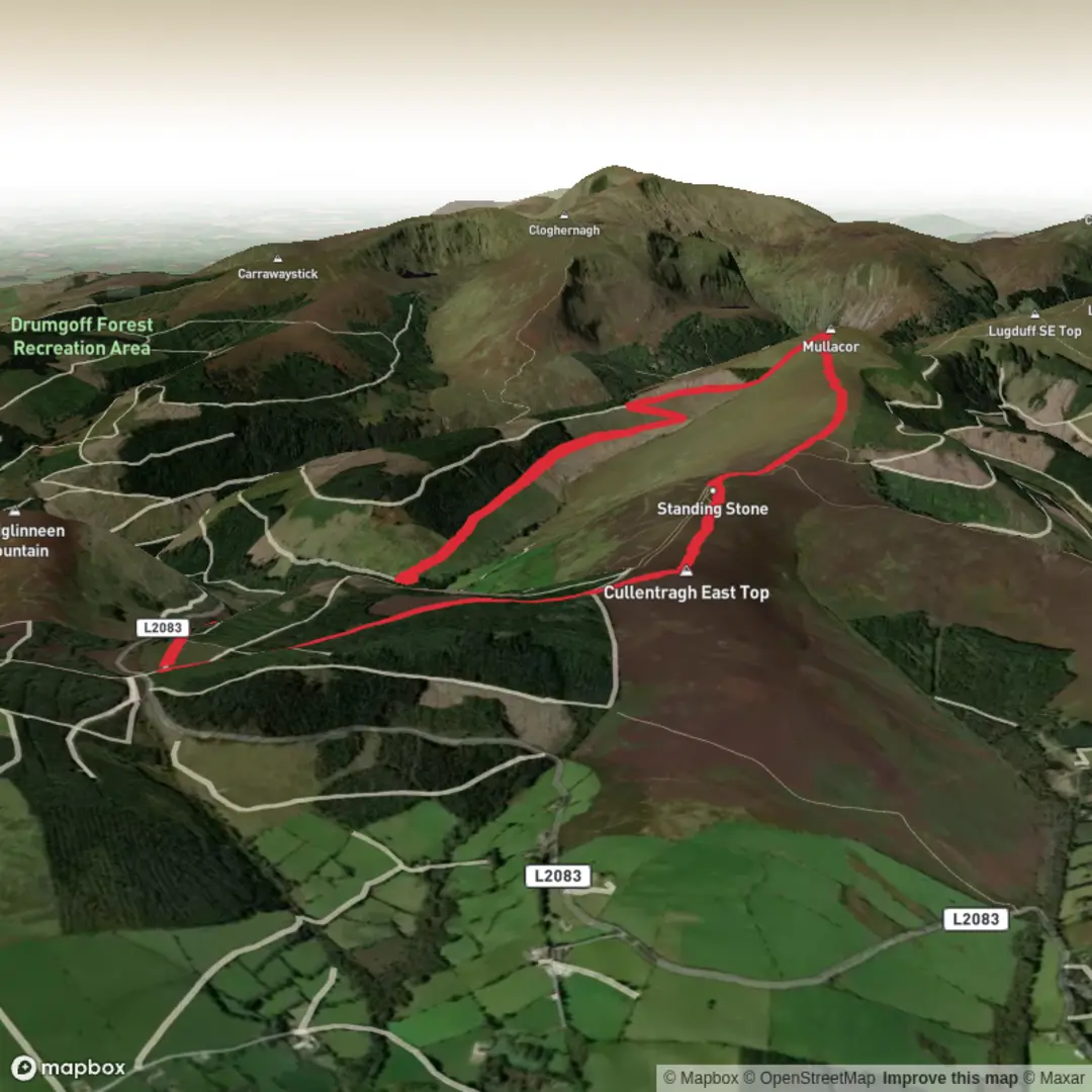 An image depicting the trail Mullacor loop from Shay Elliot car park and its surrounding area.