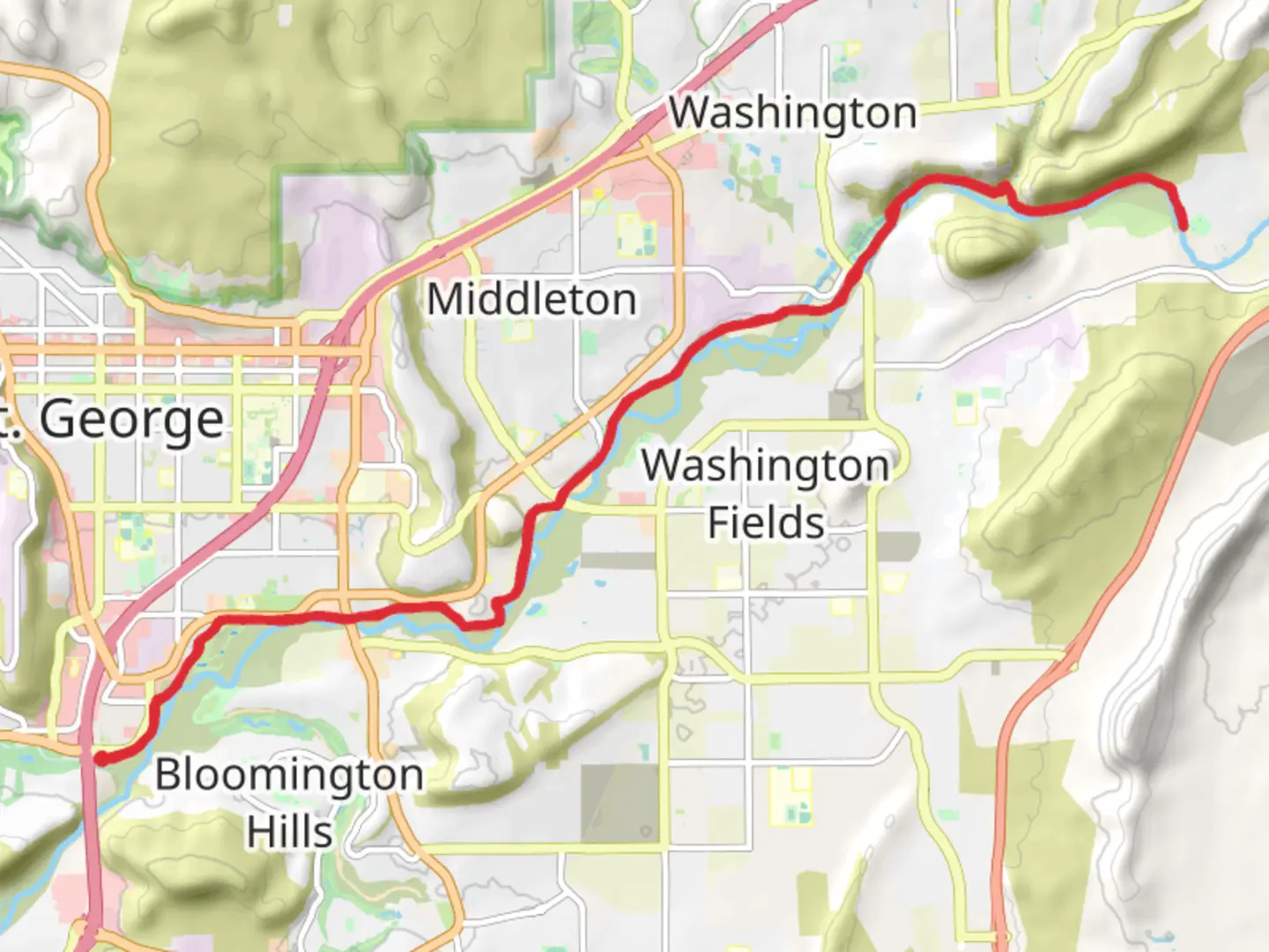 An image depicting the trail Virgin River Trail from South Dixie Road and its surrounding area.