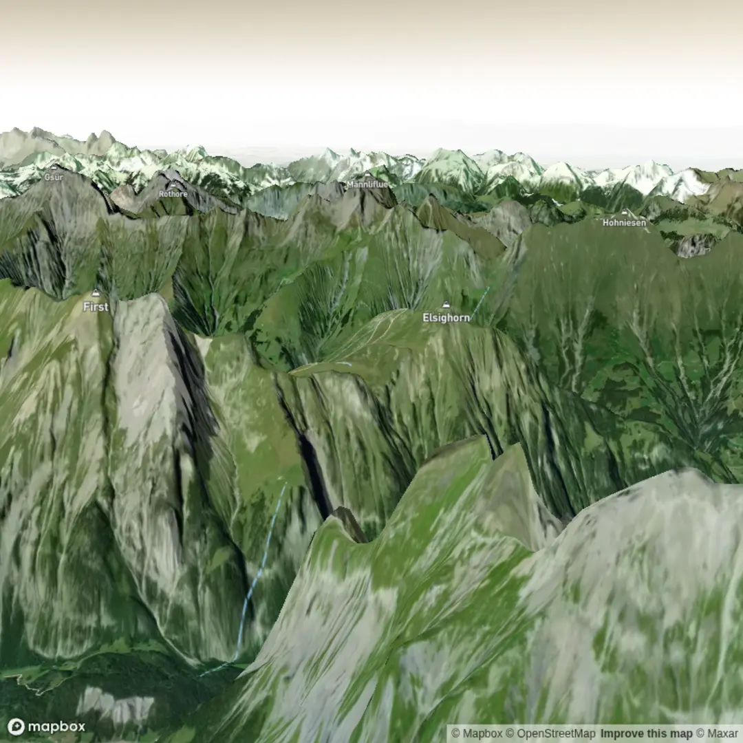 An image depicting the trail Oeschinensee with view points and its surrounding area.