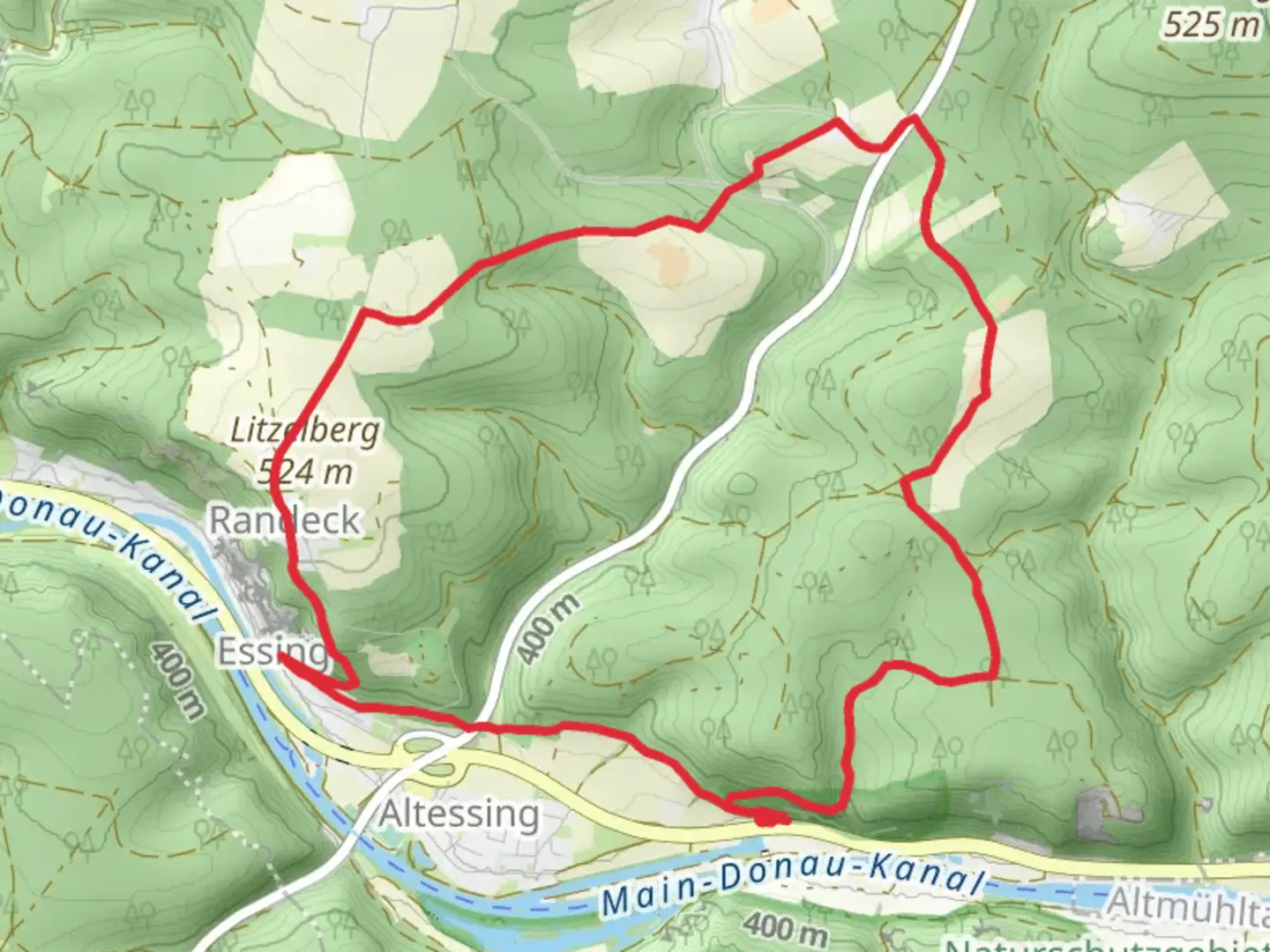 An image depicting the trail Rundweg Essing 19 and 25 and its surrounding area.