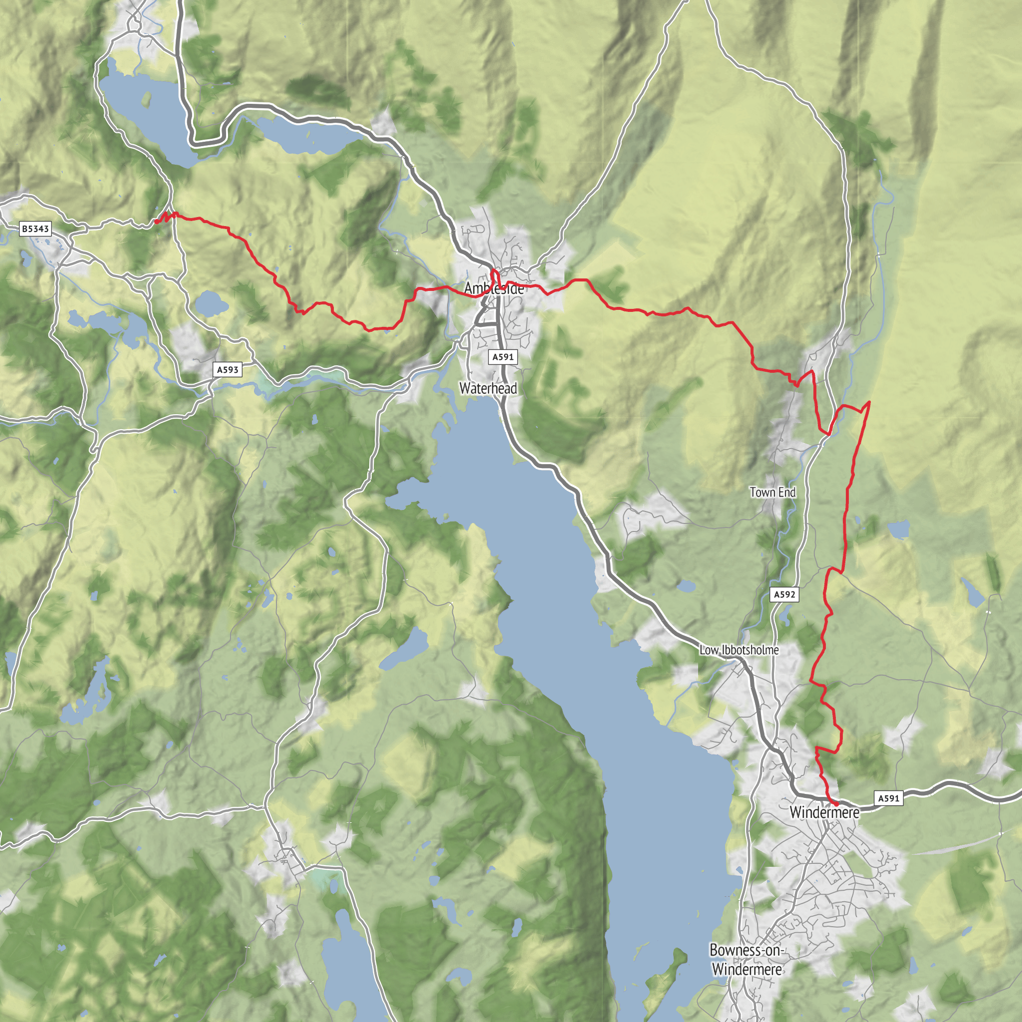 Windermere Station to YHA Langdale via lily Tarn and Loughrigg Fell mobile static map