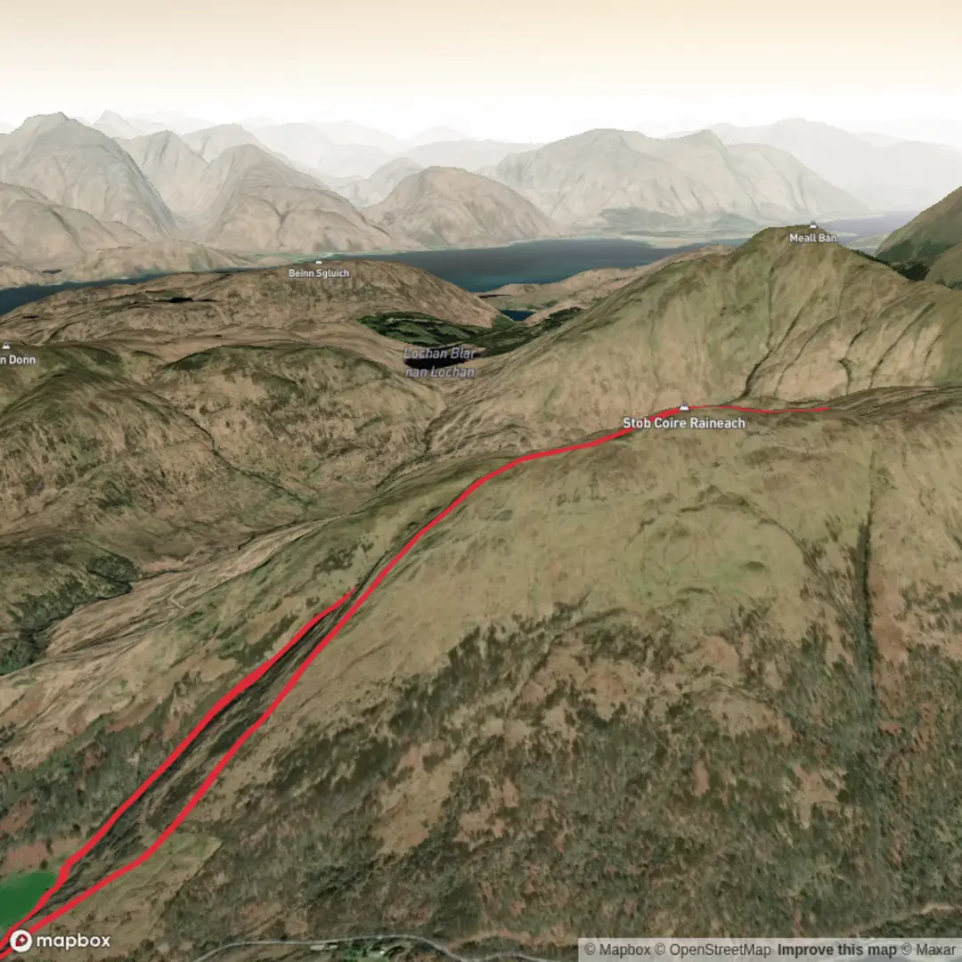 An image depicting the trail Stob Coire Raineach and Beinn Churalain Loop and its surrounding area.
