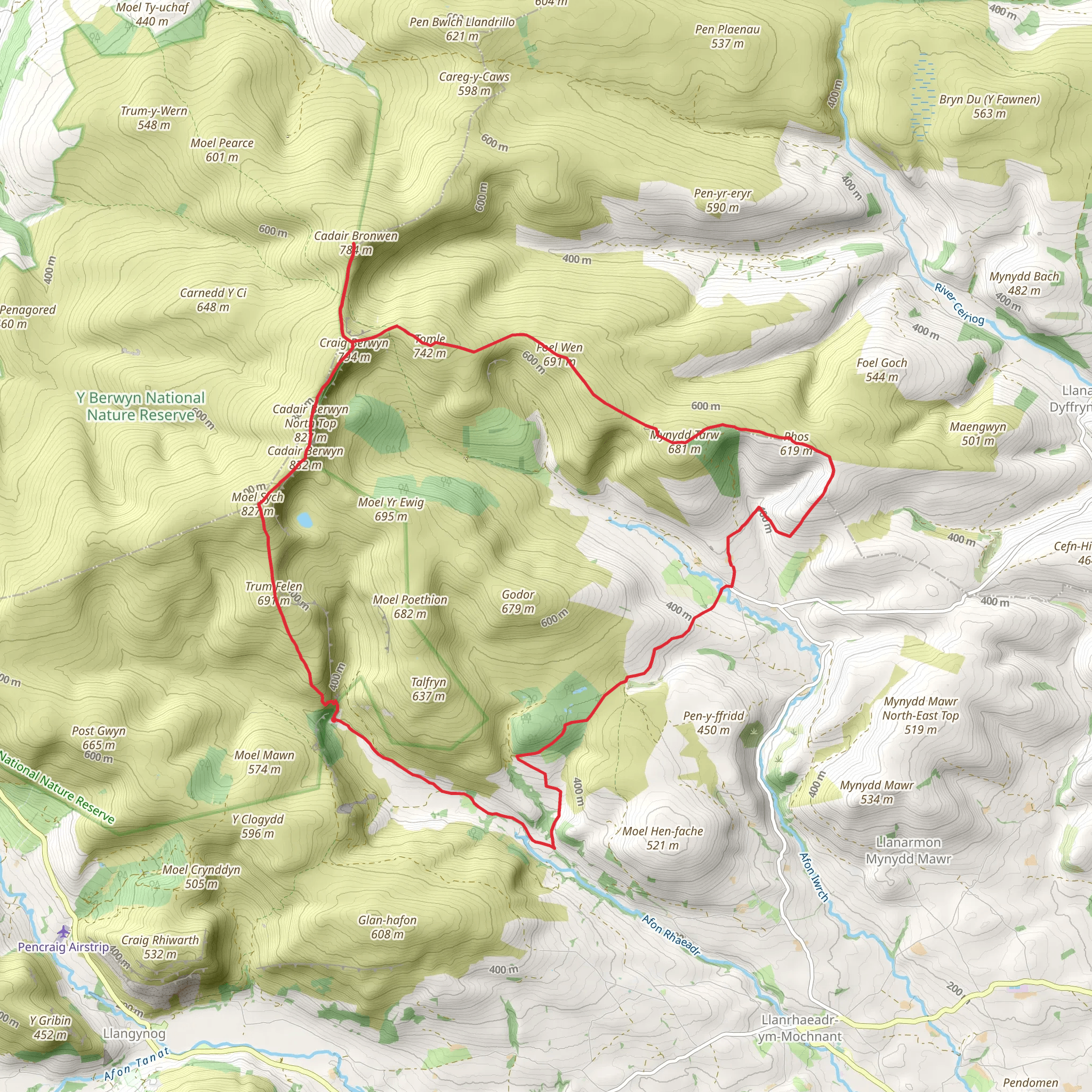 Berwyn Tops from Tan Y Pystyll mobile static map