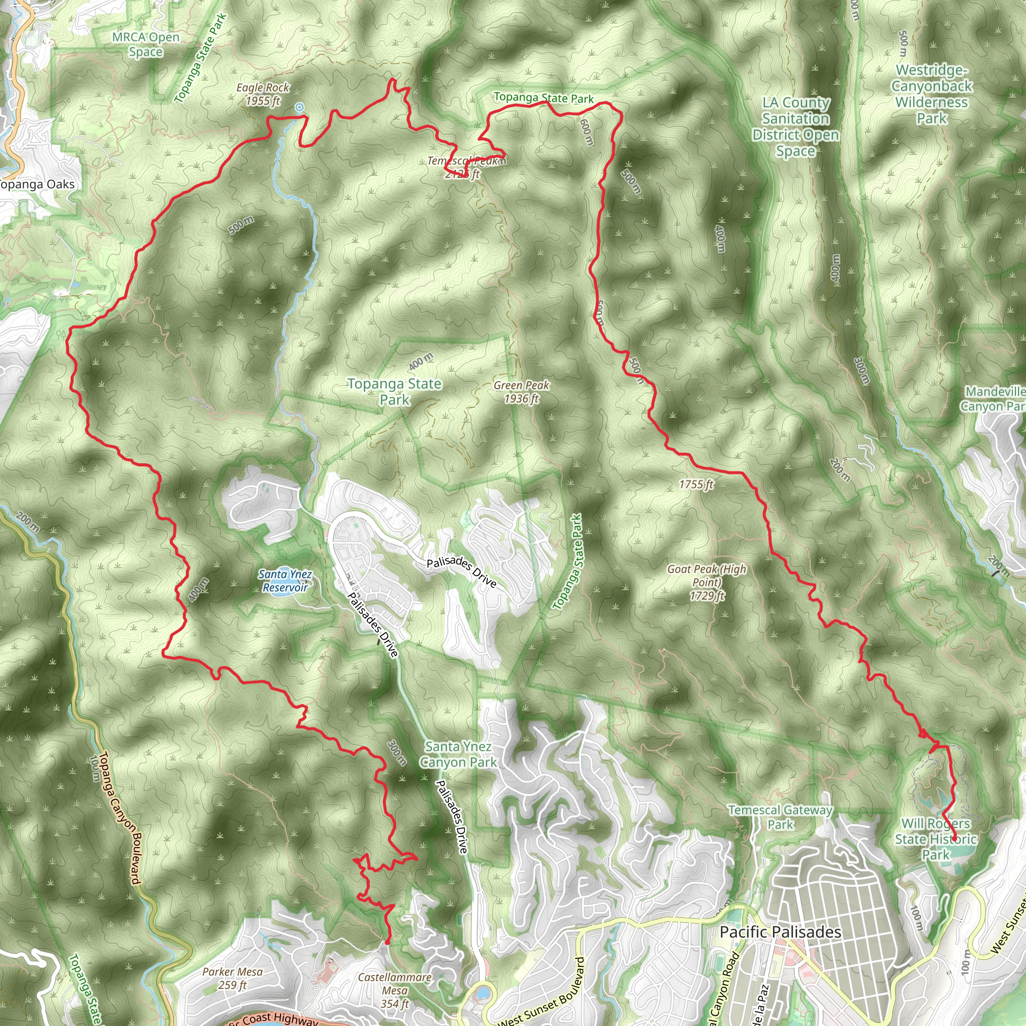 Los Liones and Temescal Ridge Trail mobile static map