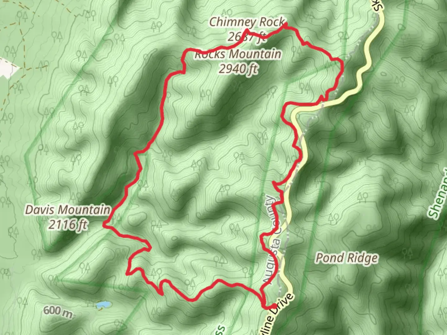 An image depicting the trail Chimney Rock and Riprap Loop Trail and its surrounding area.
