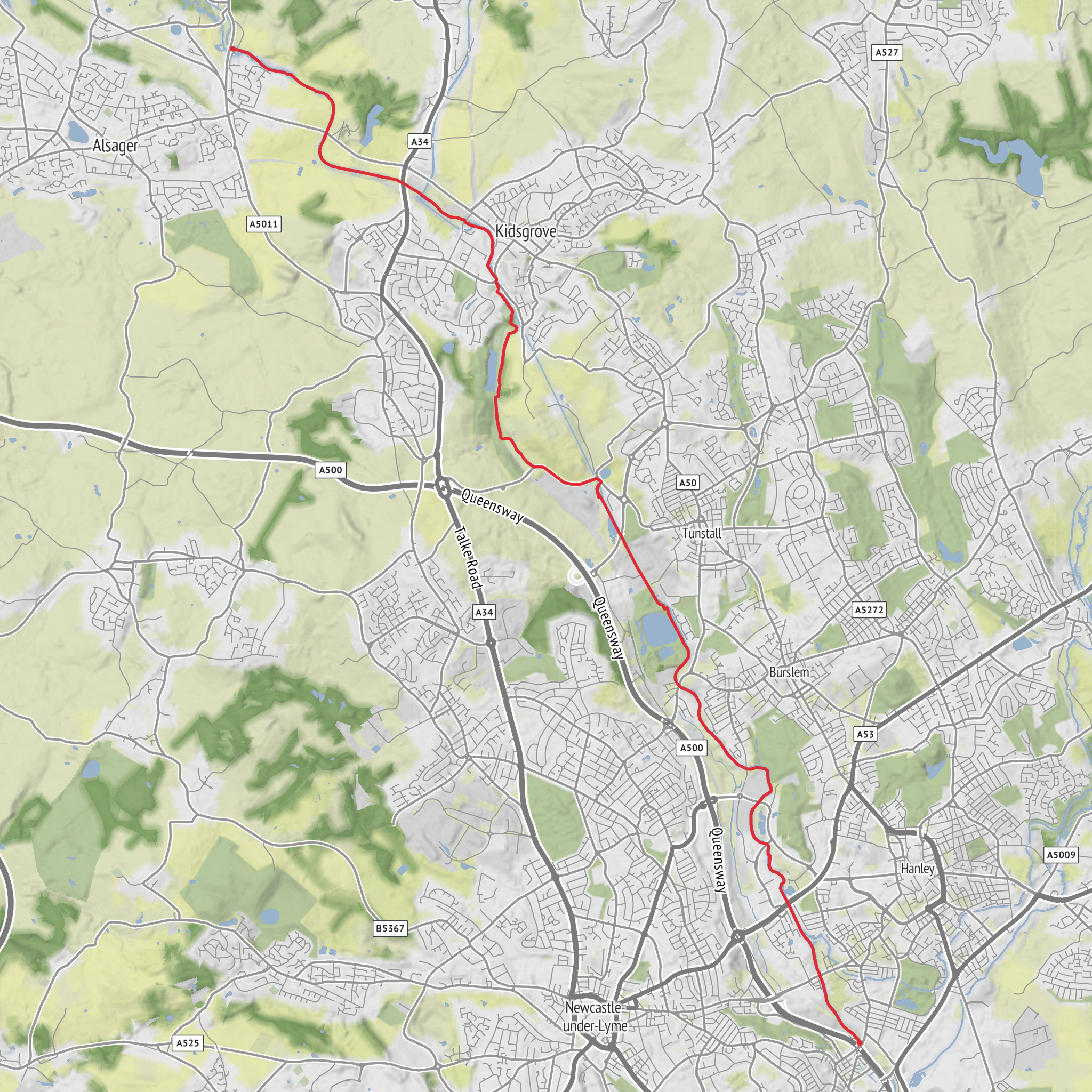 Alsager to Stoke on Trent mobile static map