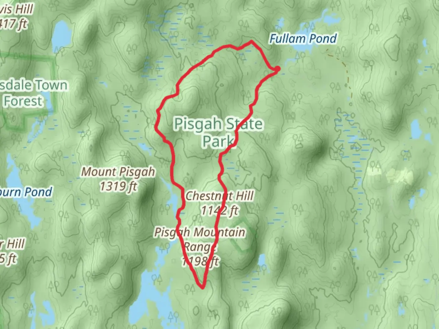 An image depicting the trail Pisgah Mountain Range Loop from Fullam Pond and its surrounding area.
