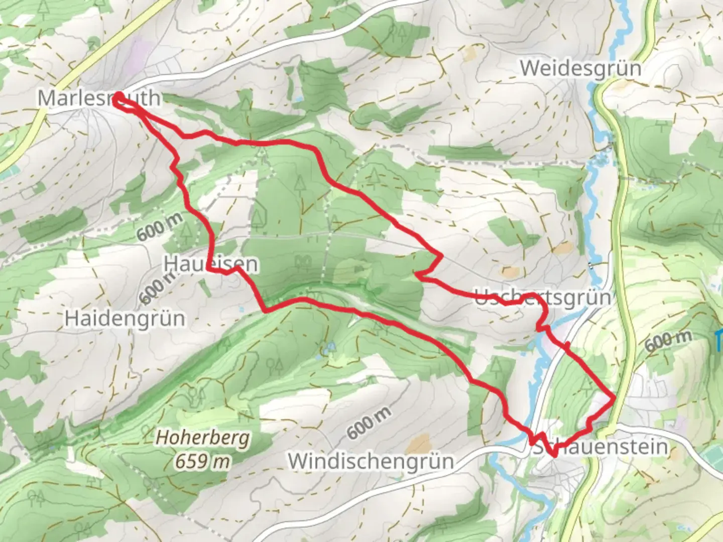 An image depicting the trail Stockjoehen Weg and Paradies Weg and its surrounding area.