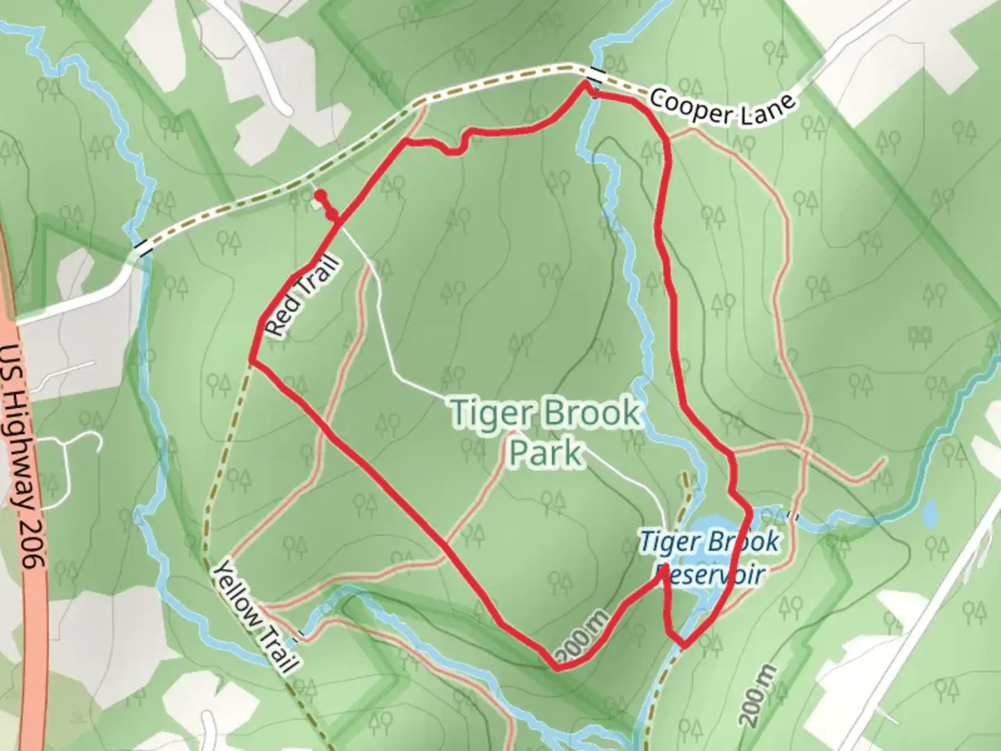 An image depicting the trail Tiger Brrok reservoir and Red Loop Trail and its surrounding area.