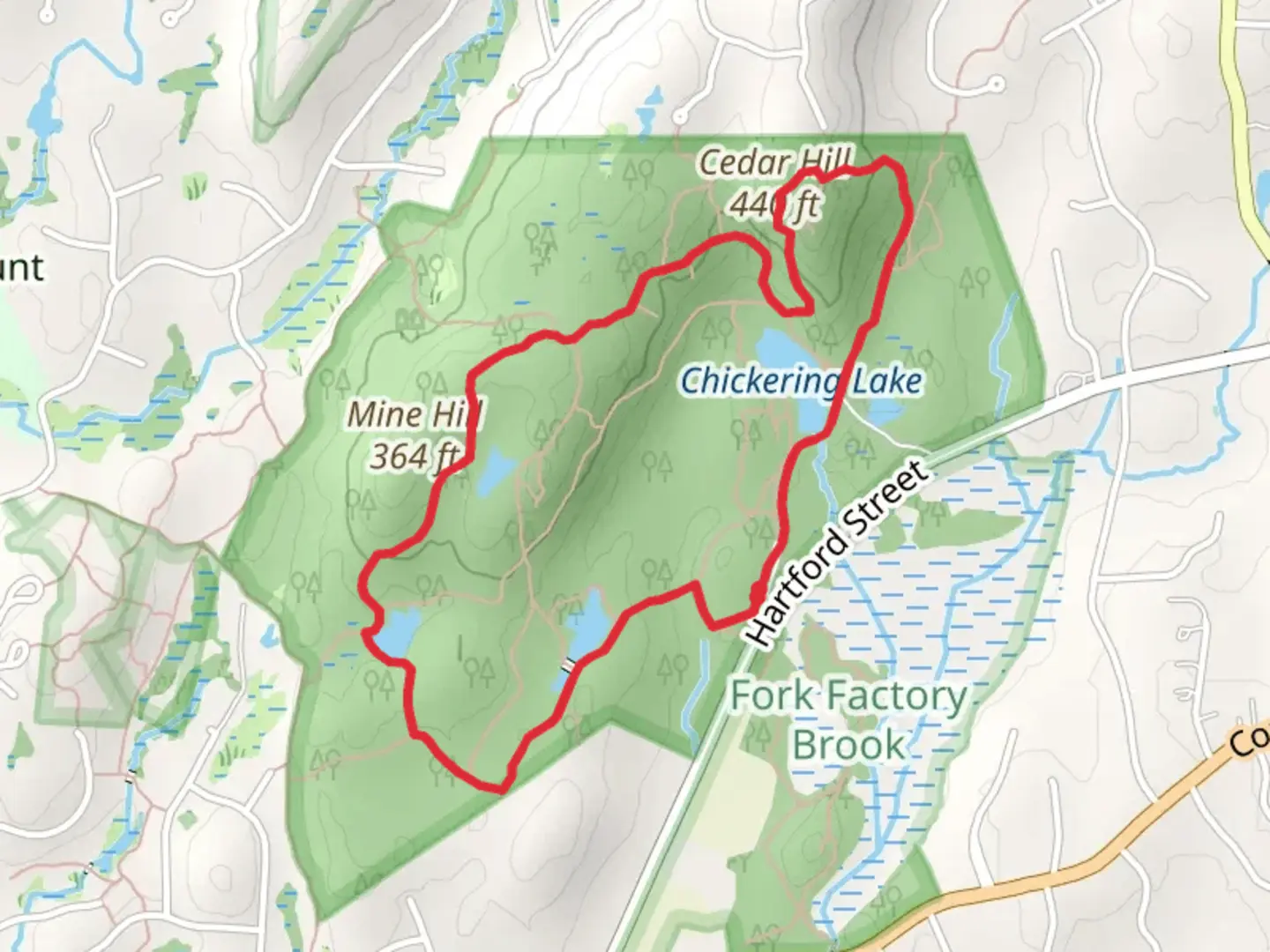 An image depicting the trail June Pond and Chickering Lake Loop Trail and its surrounding area.