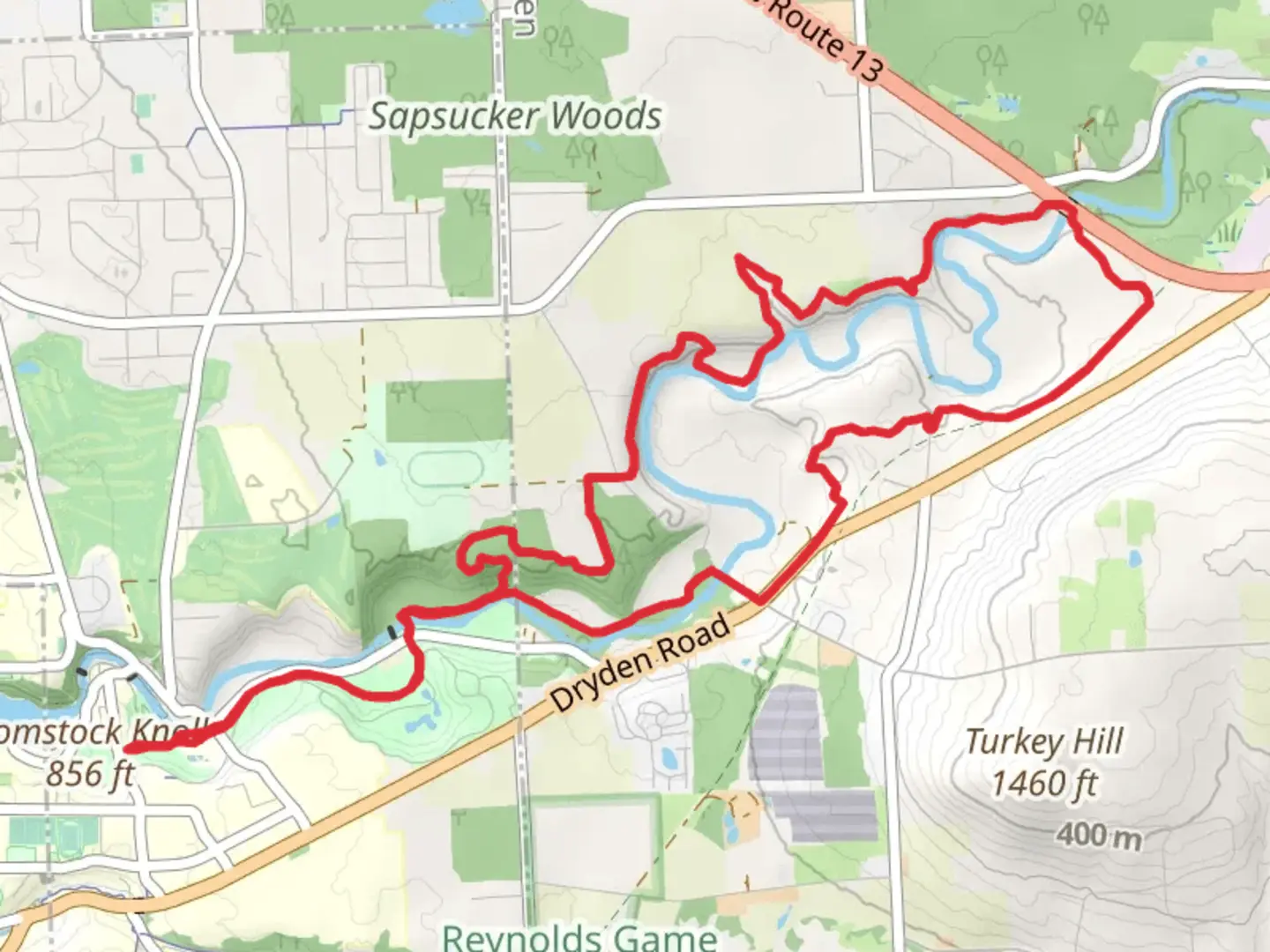 An image depicting the trail Comstock Knoll and Fall Creek Loop and its surrounding area.