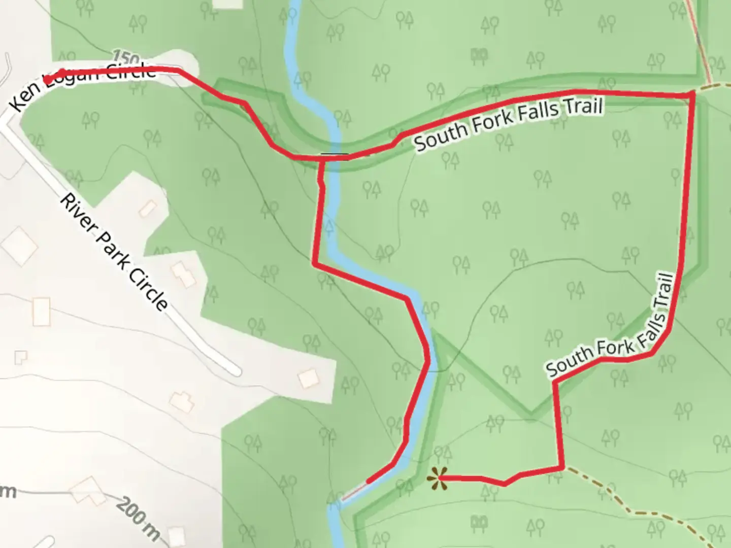 An image depicting the trail South Fork Falls and Ken Logan and its surrounding area.