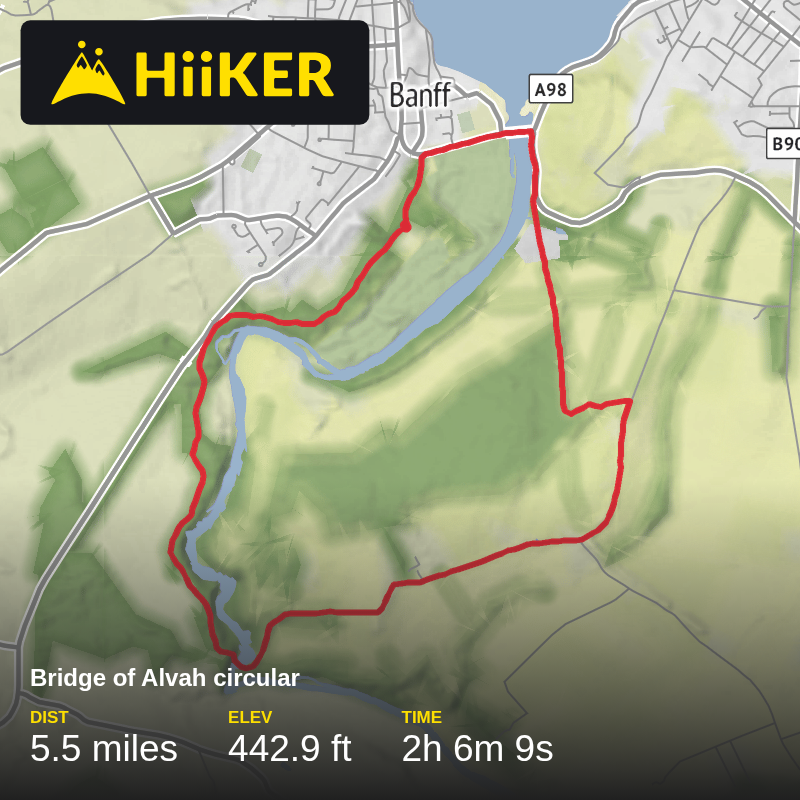 A map preview of the recording Bridge of Alvah circular .