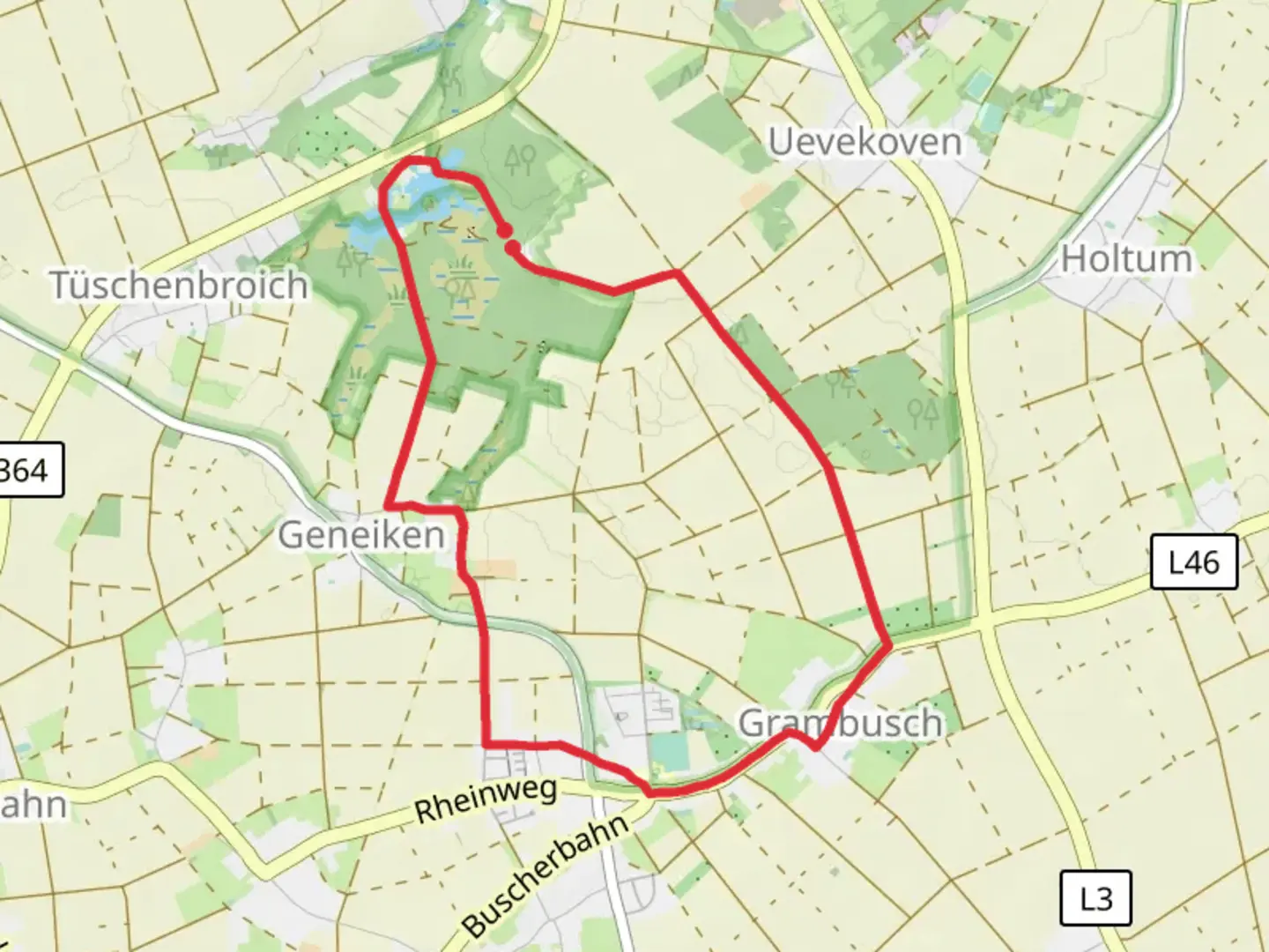 An image depicting the trail Schlossweiher via Tueschenbroicher Runde and its surrounding area.
