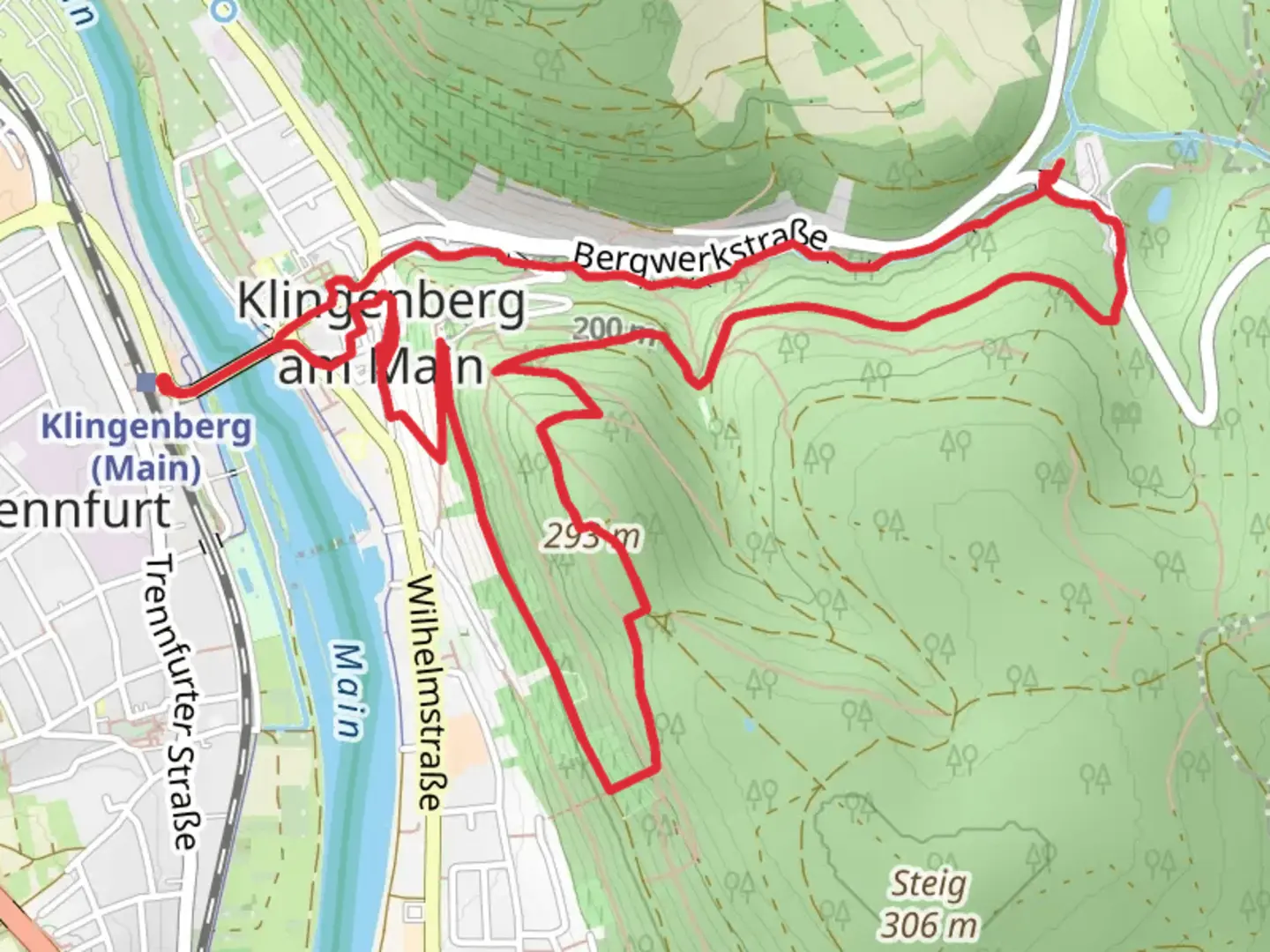 An image depicting the trail Altenbrunnweg and Mainweg Teil 9 and its surrounding area.