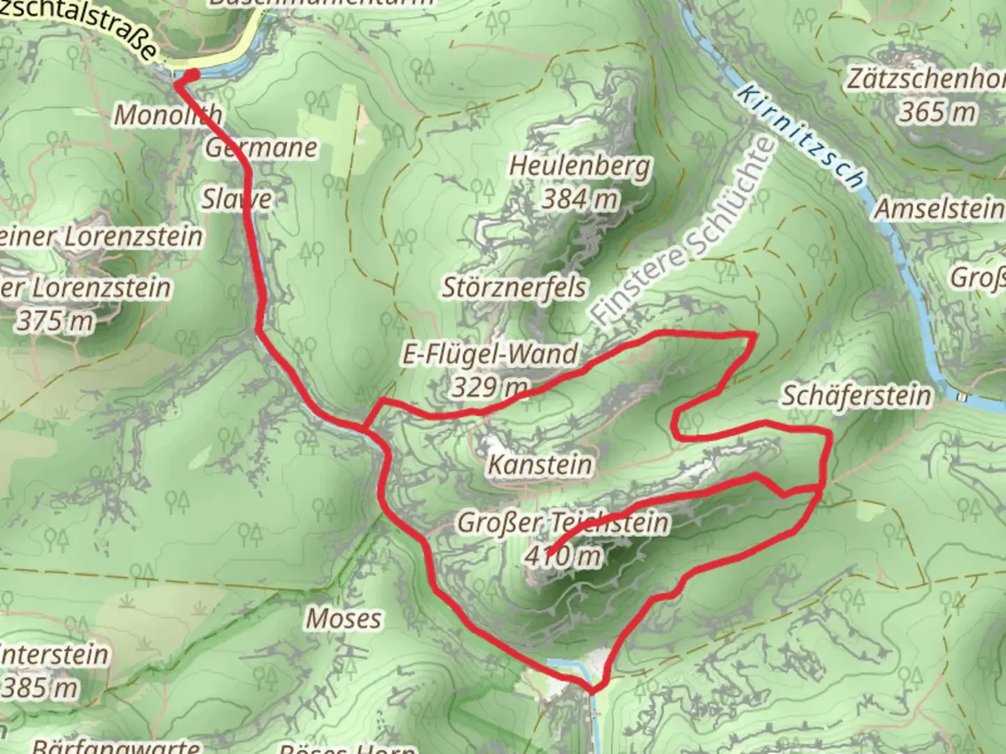 An image depicting the trail Neunstelliger Hübel, Großer Teichstein and Großschandbach Loop via Zeughausstraße and its surrounding area.