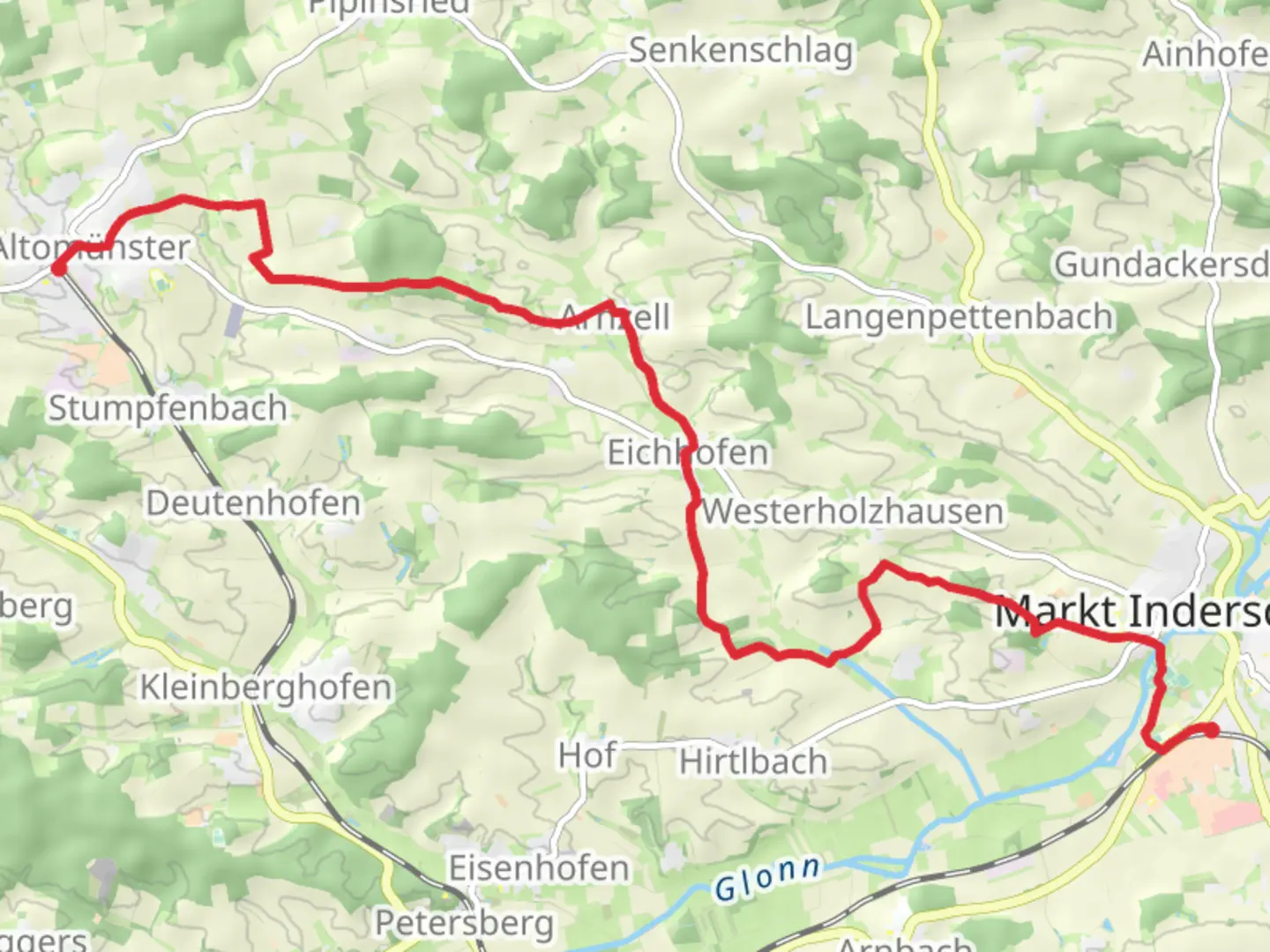 An image depicting the trail Mrkt Indersdorf to Altomunster Walk and its surrounding area.
