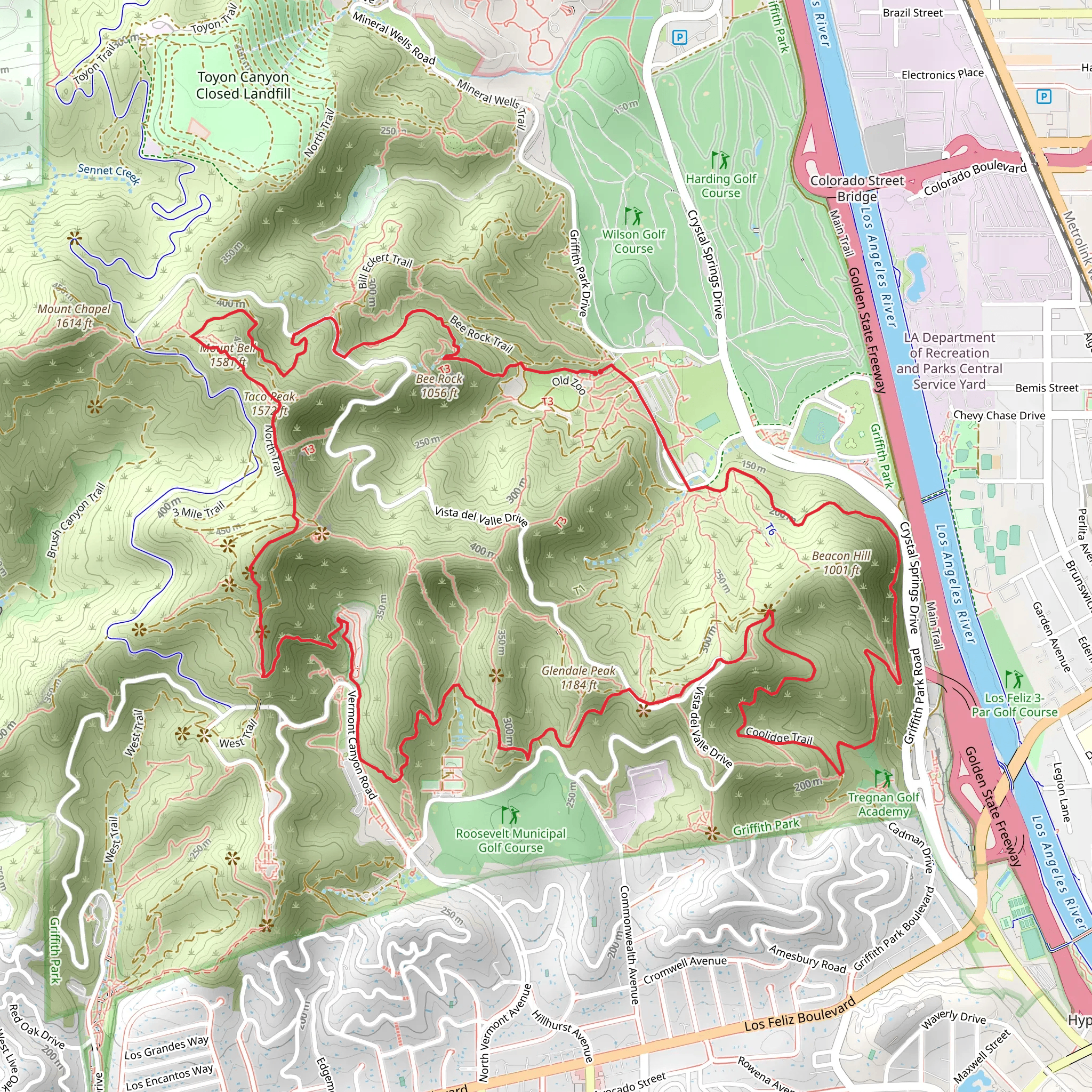 Bee Rock and Taco Peak Loop via Riverside Trail and Lower Beacon Trail mobile static map